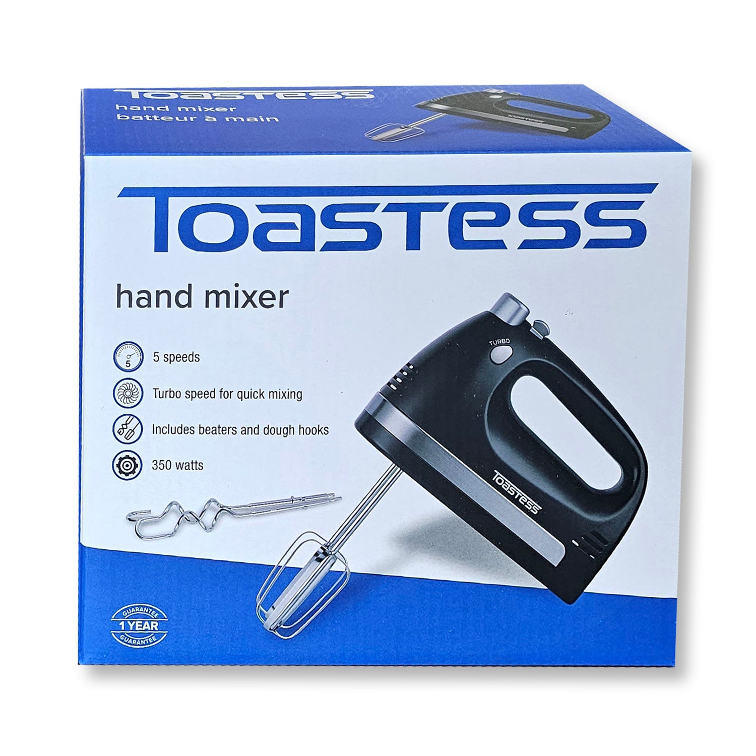 Toastess - 5 Speed Hand Mixer, Whisks and Dough Hook Included, 350 Watts, Black