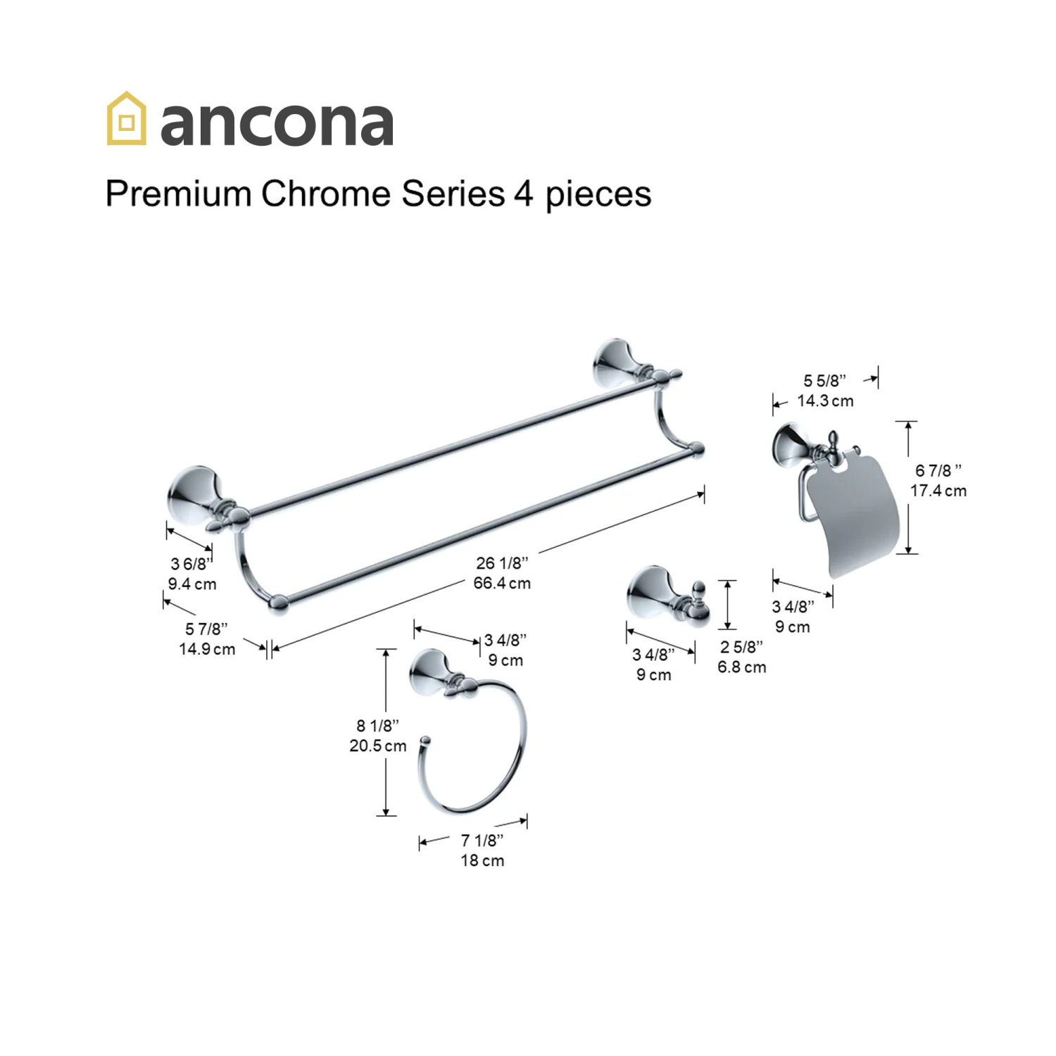 Ancona Bathroom Accessories Premium Chrome Series 4 Piece Set