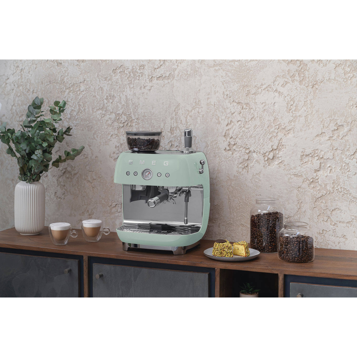 Smeg Manual Espresso Coffee Machine with Frother & Coffee Grinder - Pastel Green