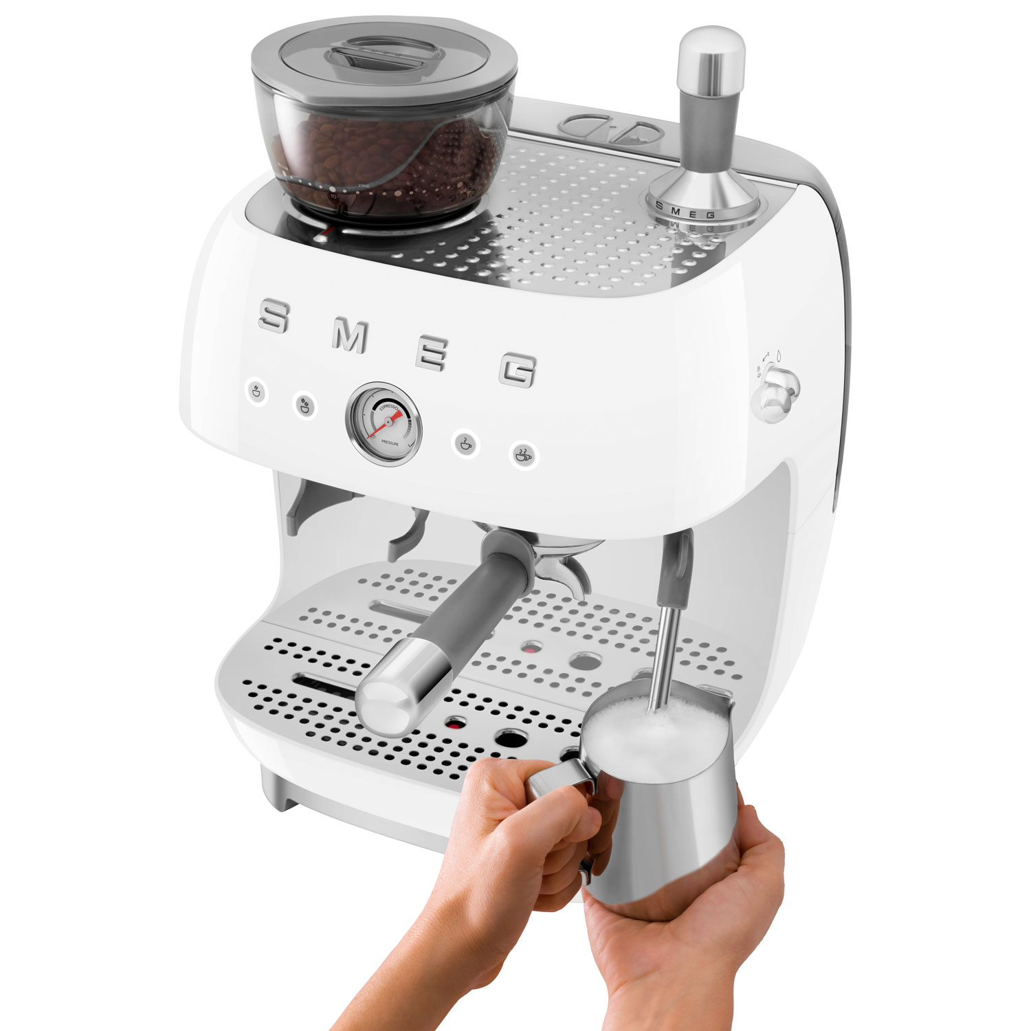 Smeg Manual Espresso Coffee Machine with Frother & Coffee Grinder - White