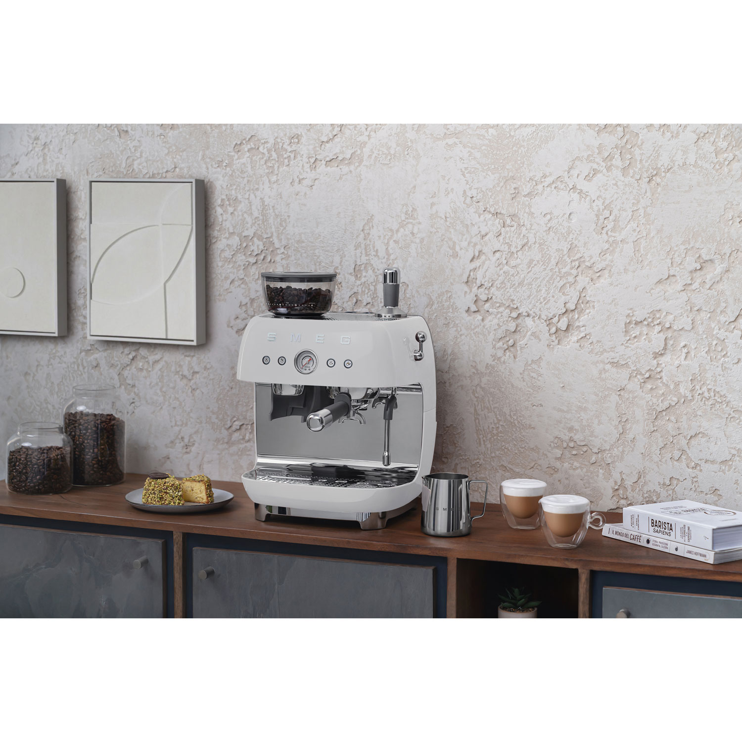 Smeg Manual Espresso Coffee Machine with Frother & Coffee Grinder - White