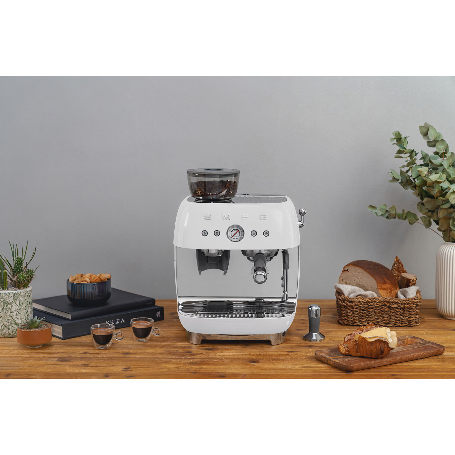 Smeg Manual Espresso Coffee Machine with Frother & Coffee Grinder - White