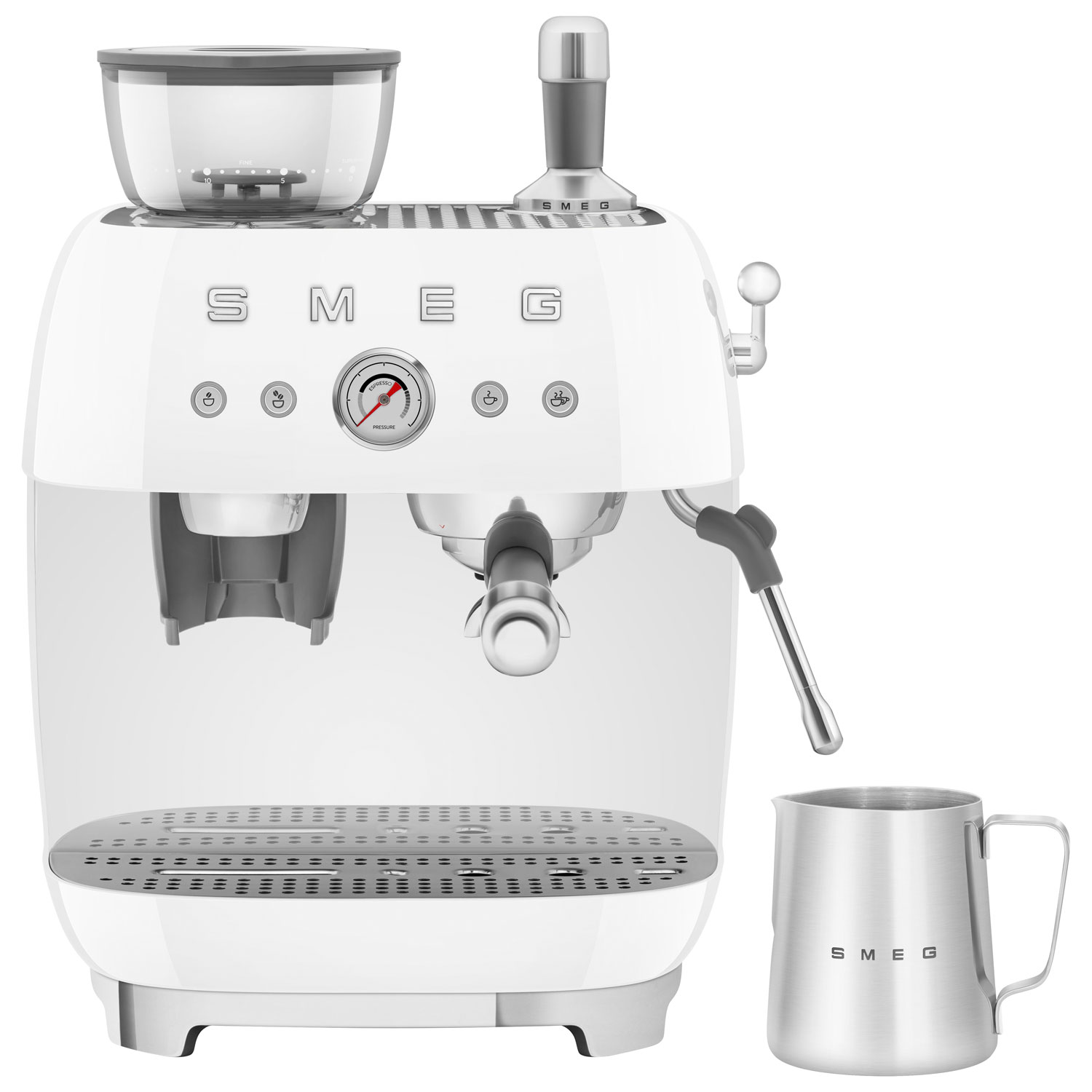 Smeg Manual Espresso Coffee Machine with Frother & Coffee Grinder - White