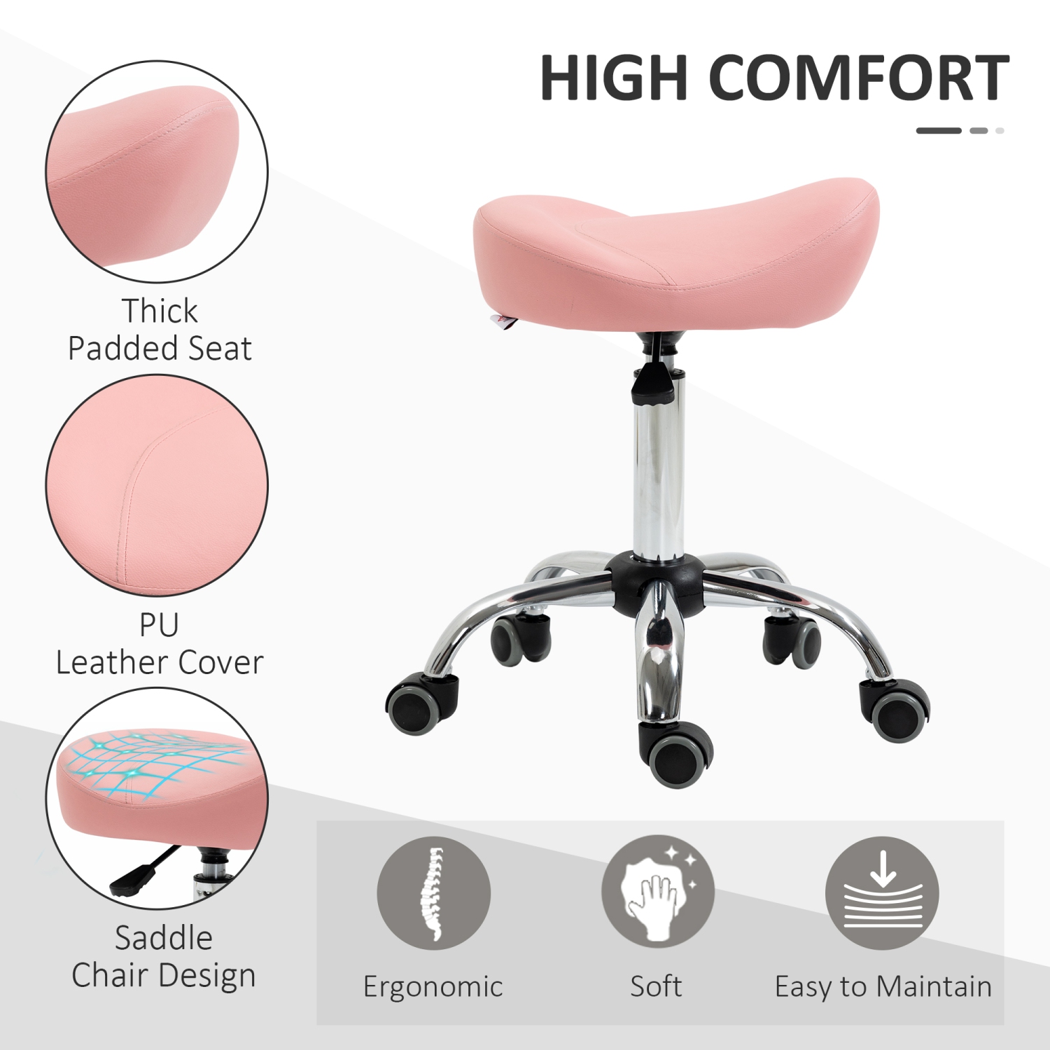 HOMCOM Saddle Stool, Height Adjustable Rolling Salon Chair with PU Leather for Massage, Spa, Clinic, Beauty and Tattoo, Pink