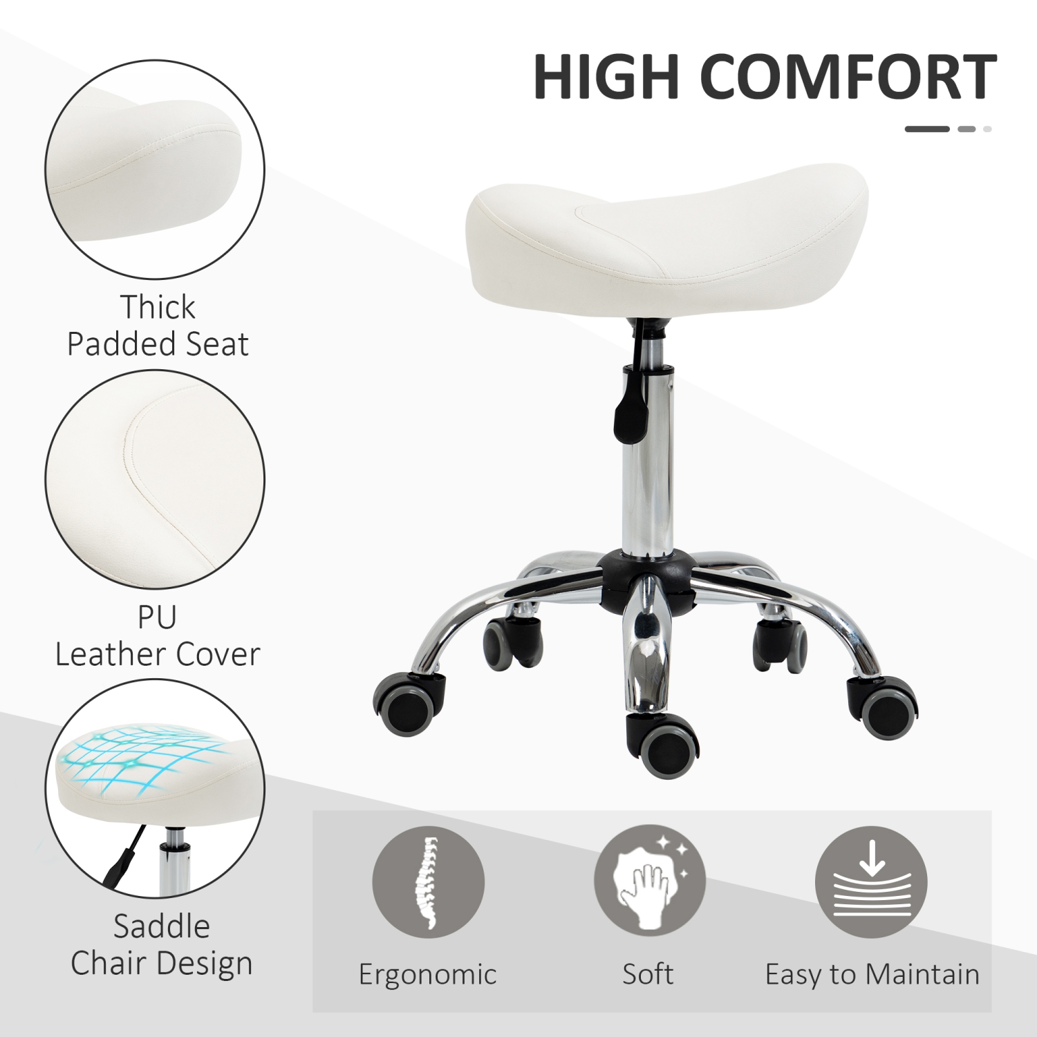 HOMCOM Saddle Stool, Height Adjustable Rolling Salon Chair with PU Leather for Massage, Spa, Clinic, Beauty and Tattoo, White