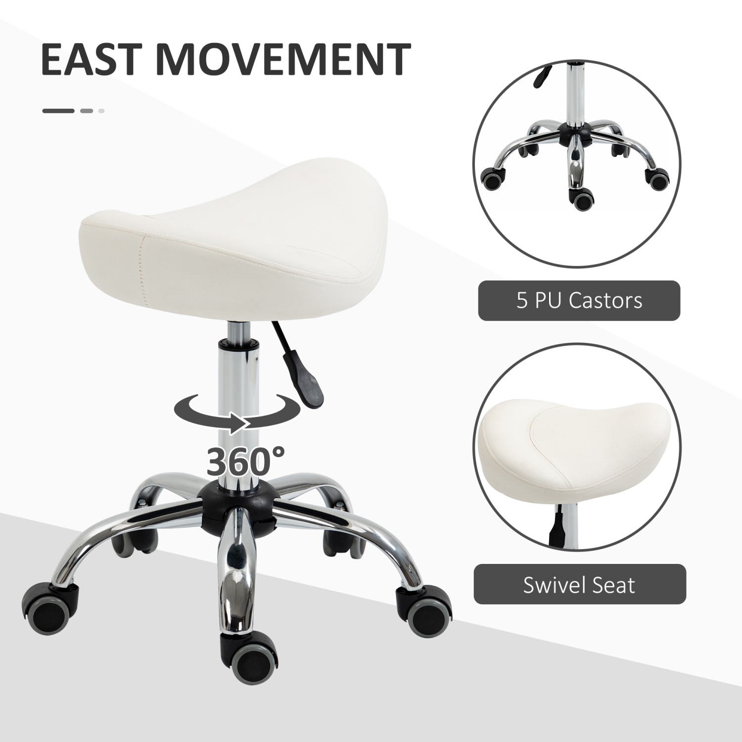 HOMCOM Saddle Stool, Height Adjustable Rolling Salon Chair with PU Leather for Massage, Spa, Clinic, Beauty and Tattoo, White