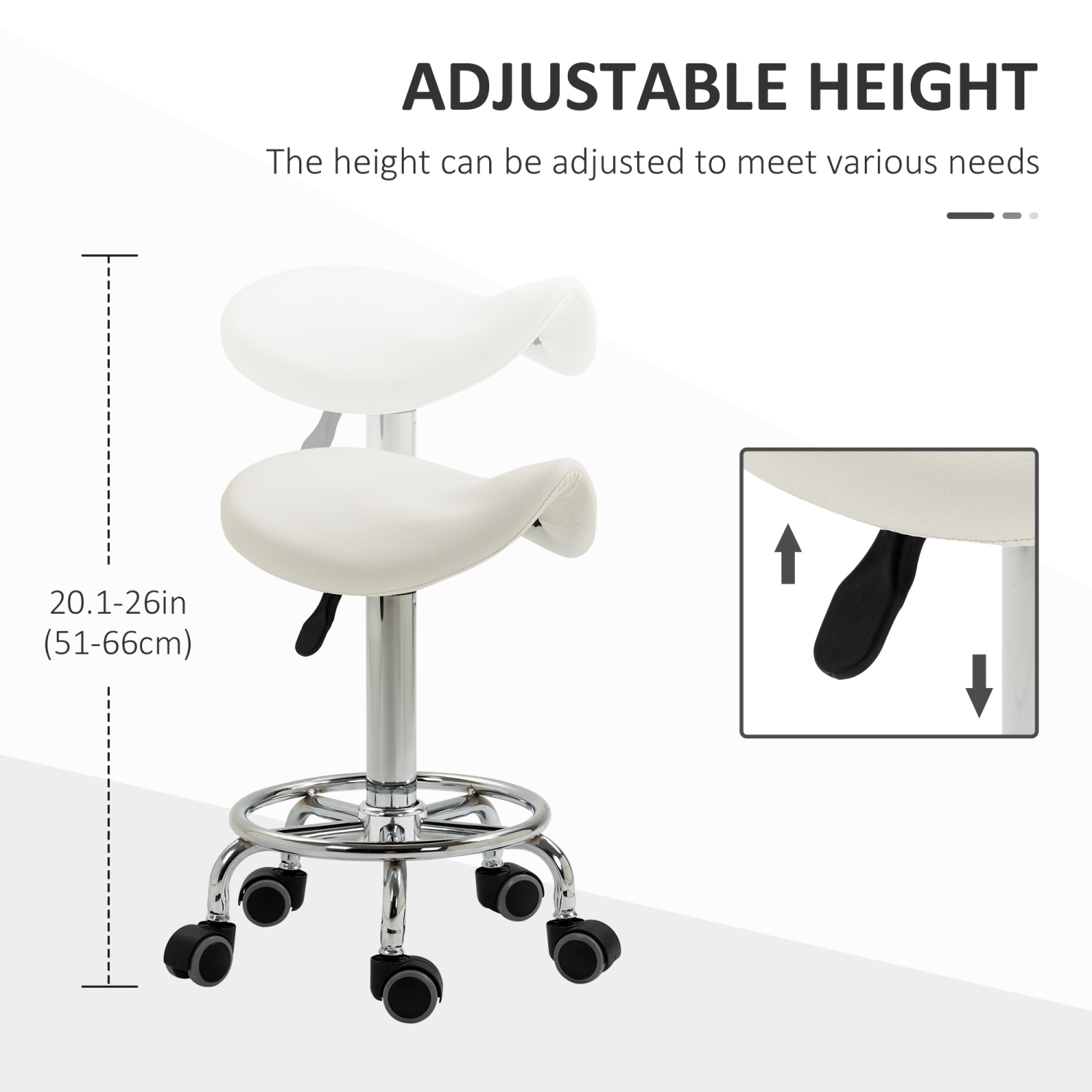 HOMCOM Saddle Stool, PU Leather Adjustable Rolling Salon Chair for Massage, Spa, Clinic, Beauty and Tattoo, White