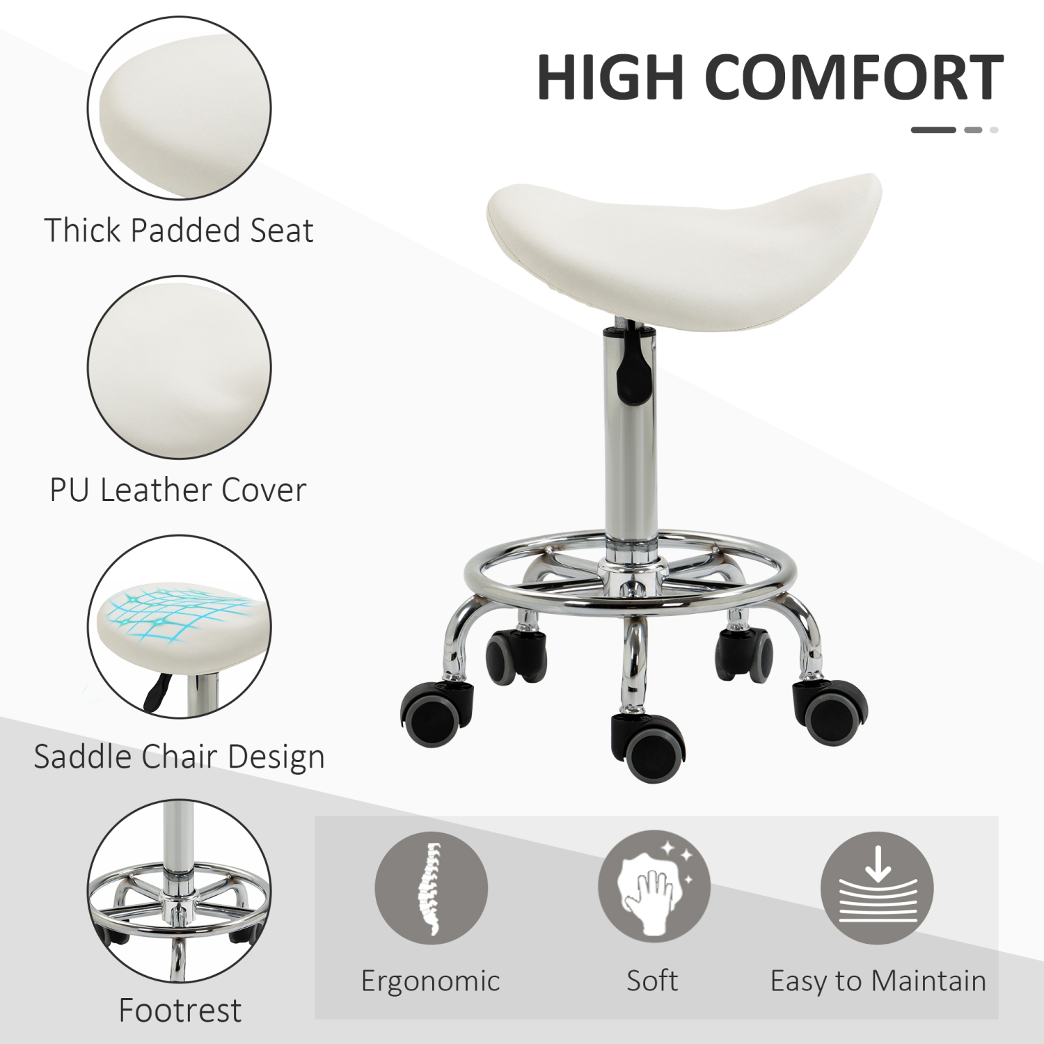HOMCOM Saddle Stool, PU Leather Adjustable Rolling Salon Chair for Massage, Spa, Clinic, Beauty and Tattoo, White
