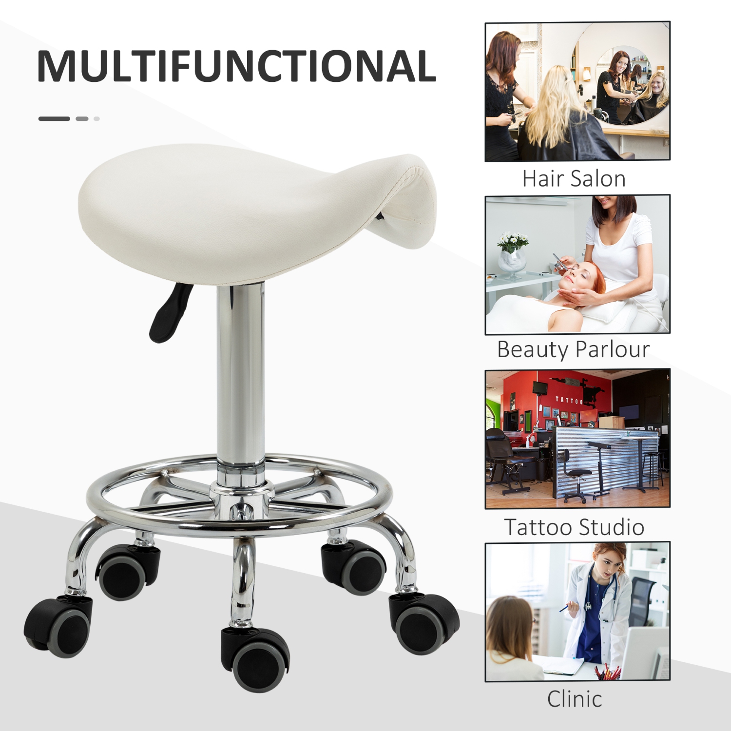 HOMCOM Saddle Stool, PU Leather Adjustable Rolling Salon Chair for Massage, Spa, Clinic, Beauty and Tattoo, White