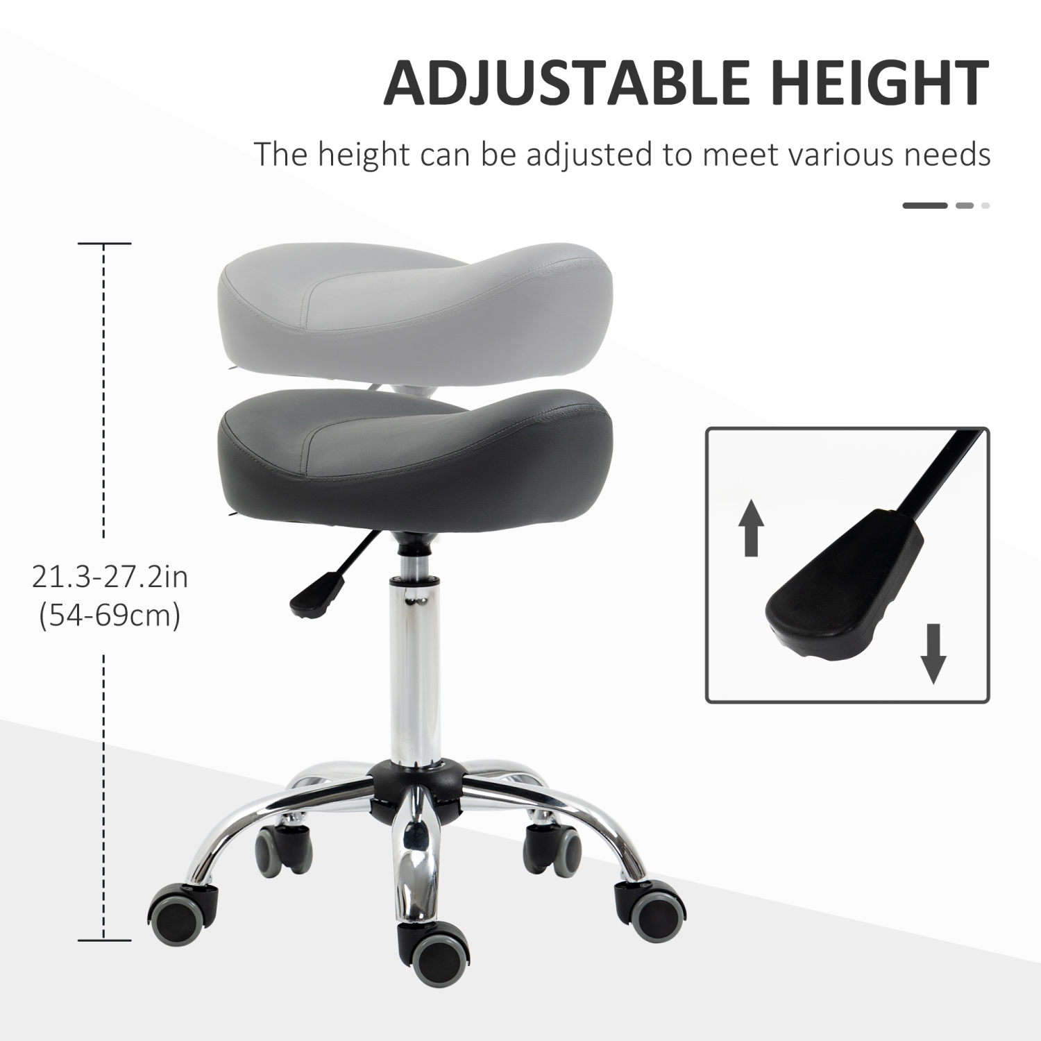HOMCOM Saddle Stool, Height Adjustable Rolling Salon Chair with PU Leather for Massage, Spa, Clinic, Beauty and Tattoo, Grey