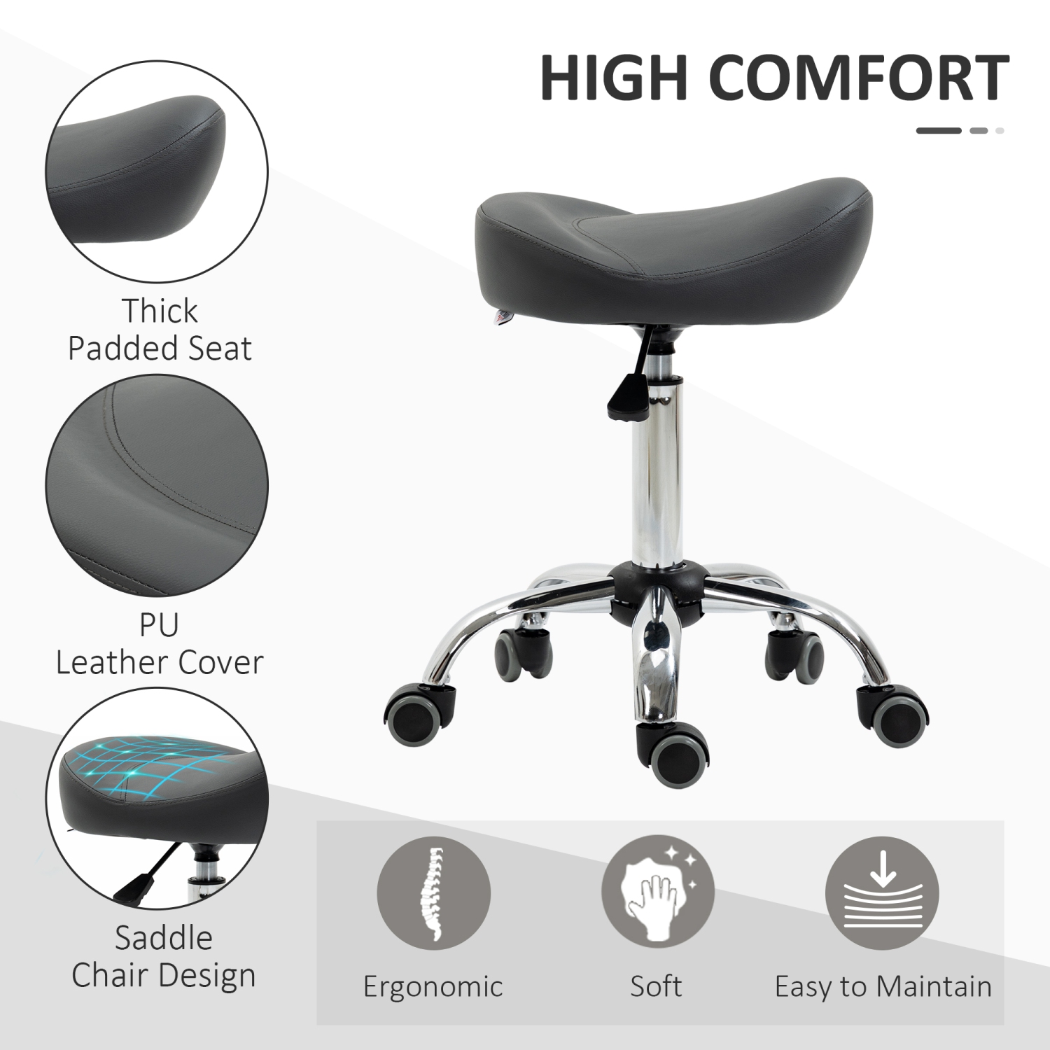 HOMCOM Saddle Stool, Height Adjustable Rolling Salon Chair with PU Leather for Massage, Spa, Clinic, Beauty and Tattoo, Grey