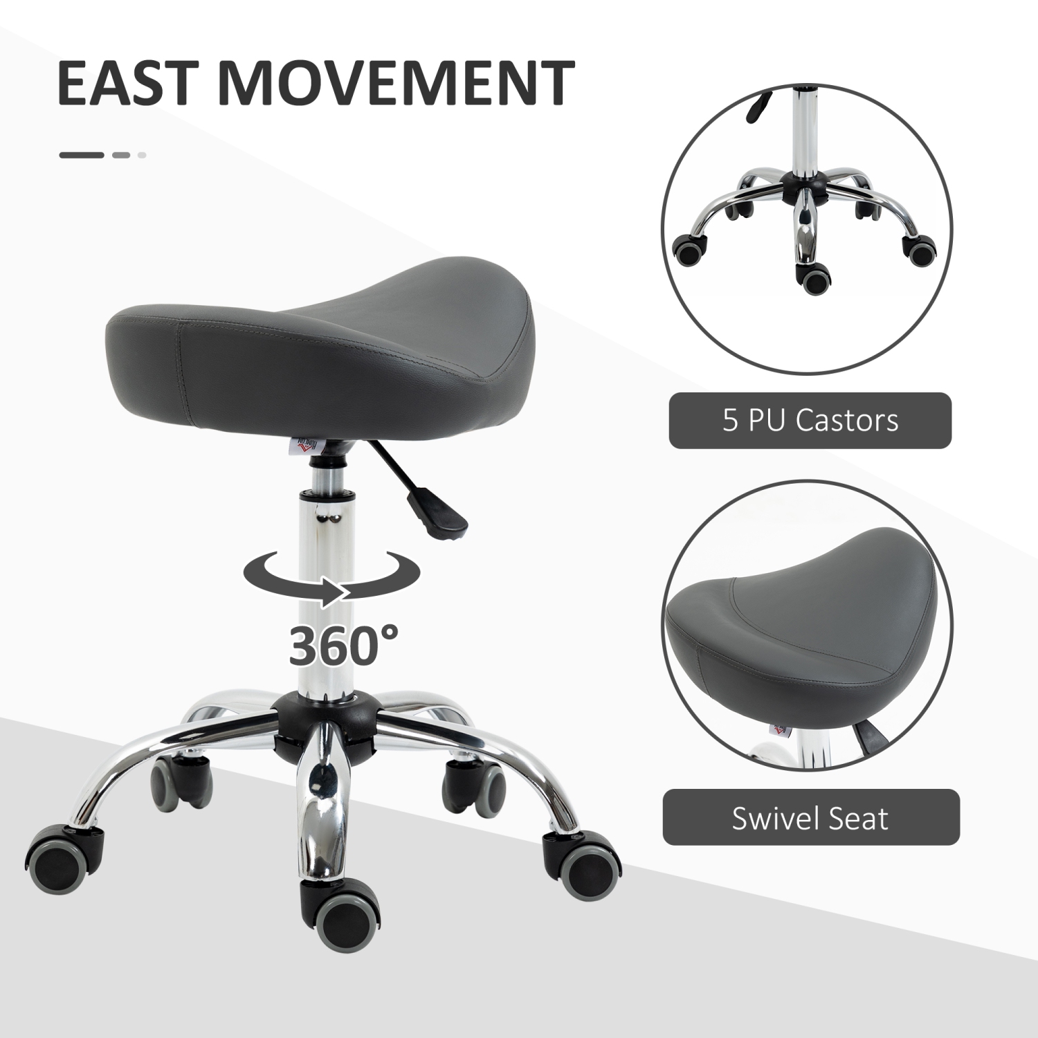 HOMCOM Saddle Stool, Height Adjustable Rolling Salon Chair with PU Leather for Massage, Spa, Clinic, Beauty and Tattoo, Grey