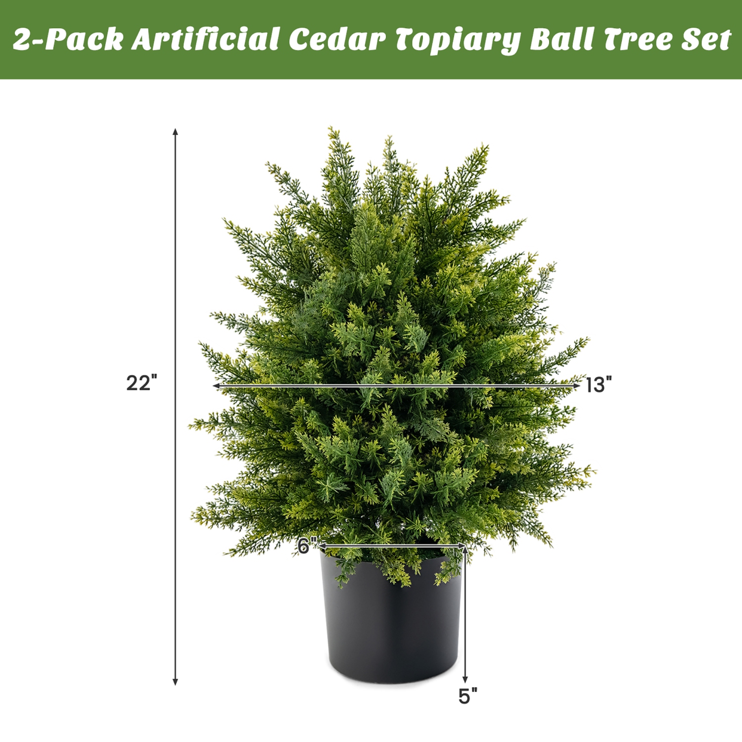 Costway 22" Artificial Cedar Topiary Ball Tree 2-Pack Faux Shrub Bush Trees for Decor