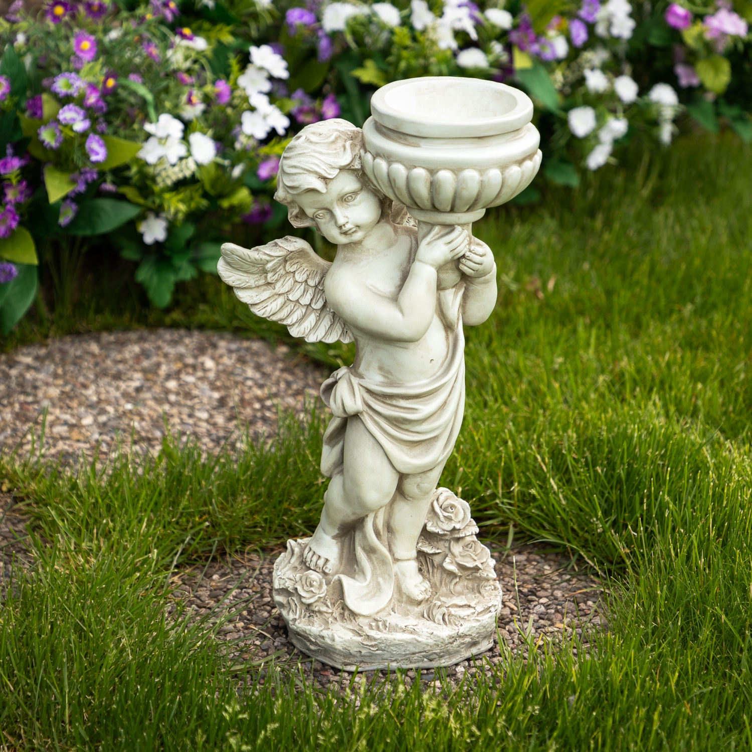 Statue de jardin d'extérieur en forme d'ange et de bain de 17,5 po de Cherub