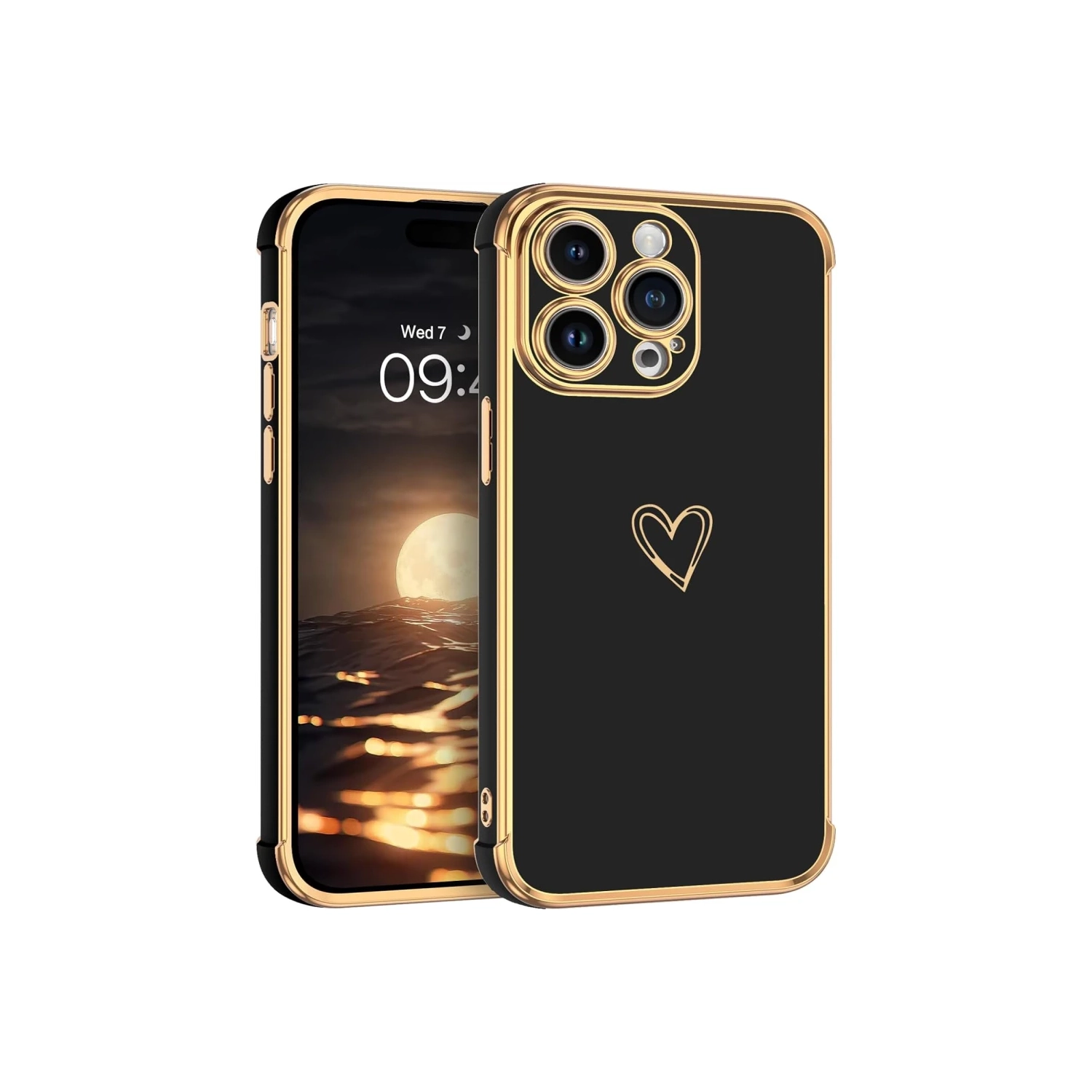 iPhone 15 Pro Max Case - Cute Heart Pattern Plating Cover, Camera & 4 Corners Shockproof Protection, 6.7 inch, Black