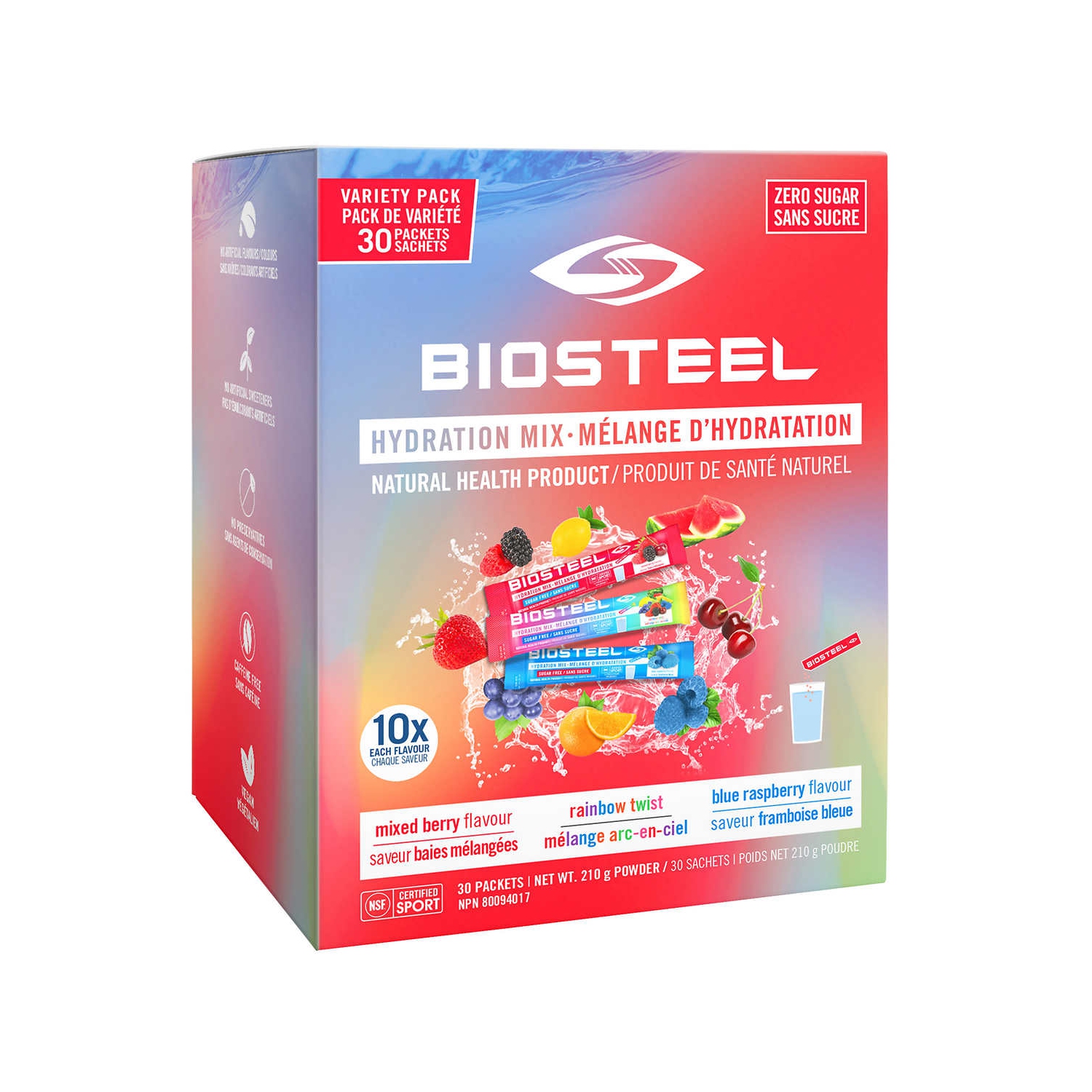 BioSteel Sports Zero Sugar Hydration Mix - Berry, Rainbow Twist & Blue Raspberry - 30 Packets