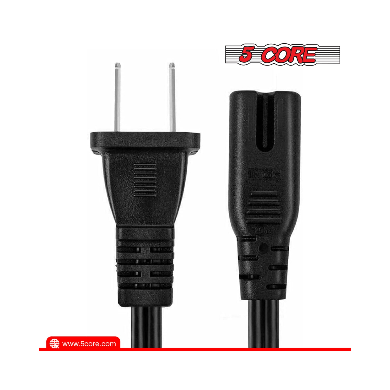 5 Core Extra Long 6ft(1.8m) 2 Prong Non-Polarized AC Wall Power Cable 2 Piece/ 2 Slot Cord for HP, Dell, Sony, Asus Acer, Laptop Charger, LED, LCD