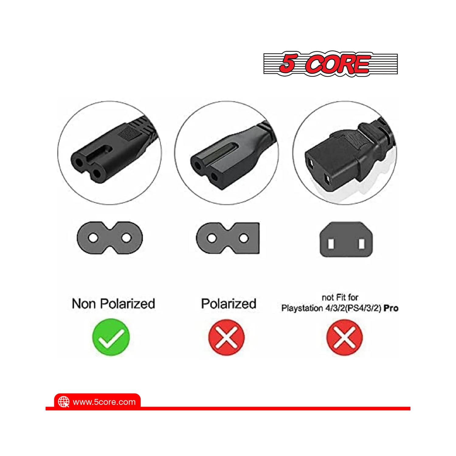 5 Core Extra Long 6ft(1.8m) 2 Prong Non-Polarized AC Wall Power Cable 2 Piece/ 2 Slot Cord for HP, Dell, Sony, Asus Acer, Laptop Charger, LED, LCD