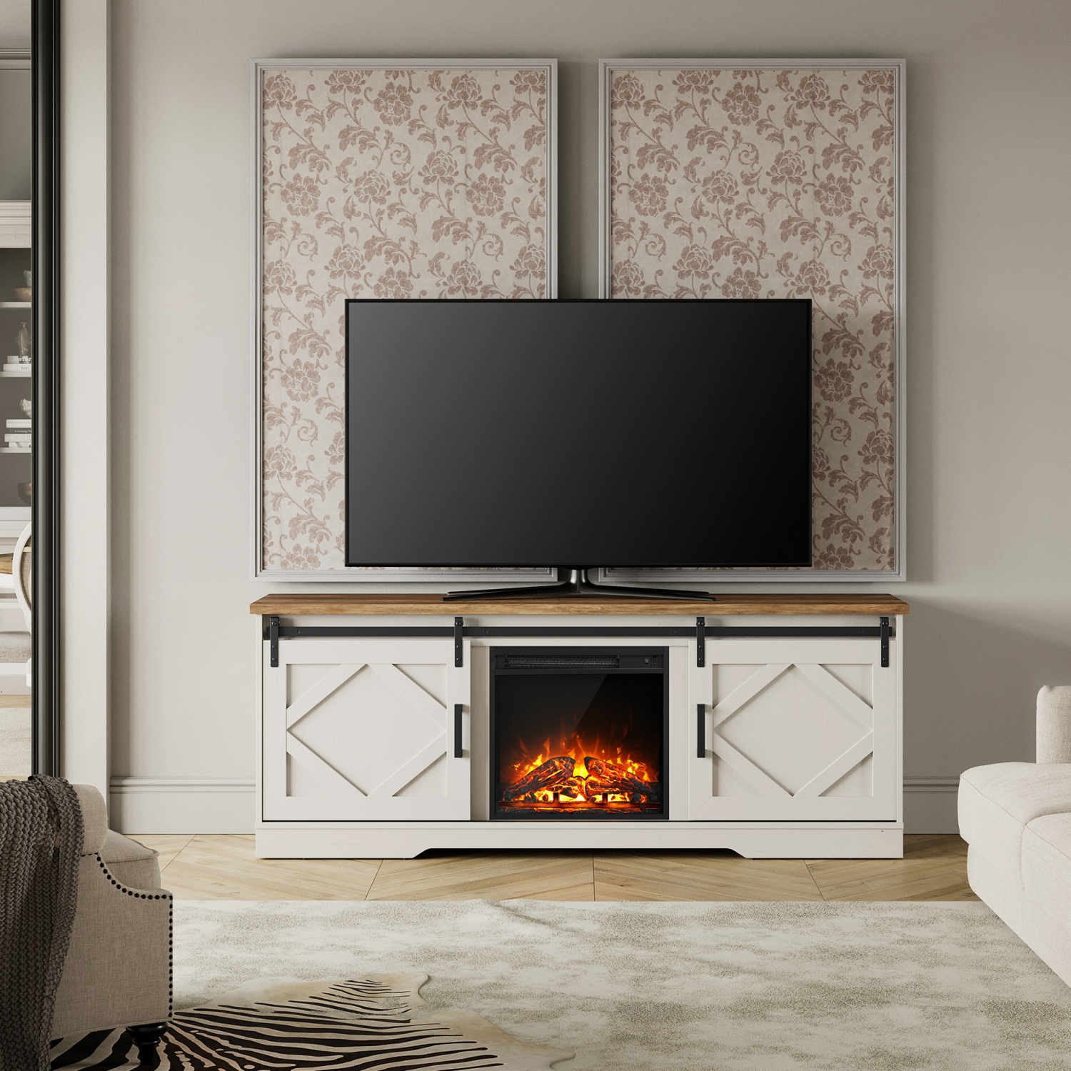 Meuble pour téléviseur WAMPAT avec foyer et porte de grange coulissante, centre de divertissement pour téléviseurs jusqu'à 75 po, pour salon, blanc