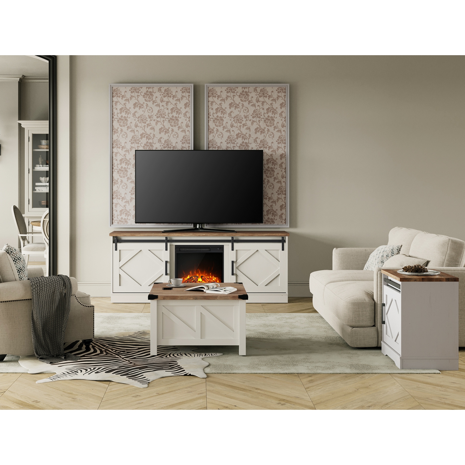 Meuble pour téléviseur WAMPAT avec foyer et porte de grange coulissante, centre de divertissement pour téléviseurs jusqu'à 75 po, pour salon, blanc