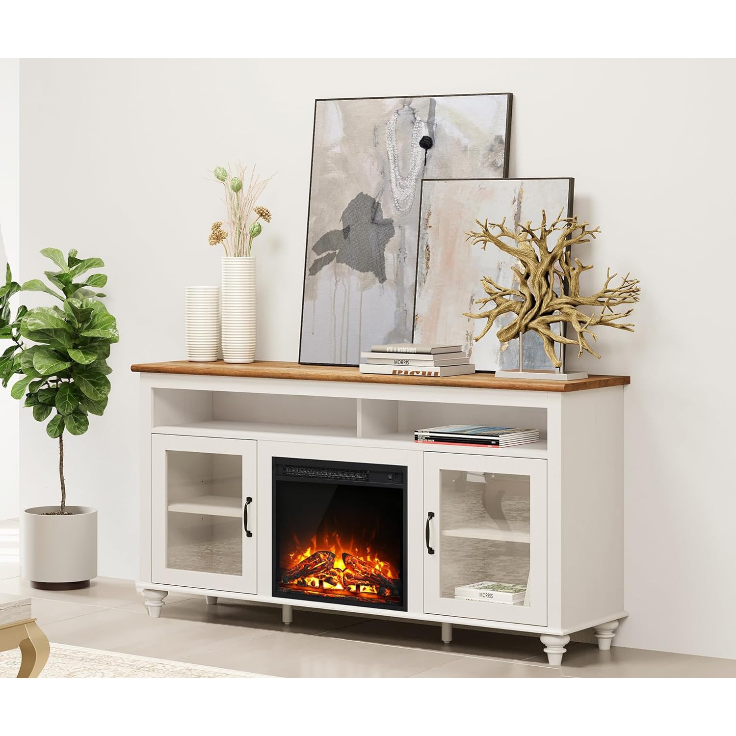 WAMPAT Farmhouse TV Stand with 18'' Electric Fireplace Insert, Wood Media Entertainment Center with Glass Door, Storage Cabinet Console Table for TVs Up to 75 Inches TV for Living