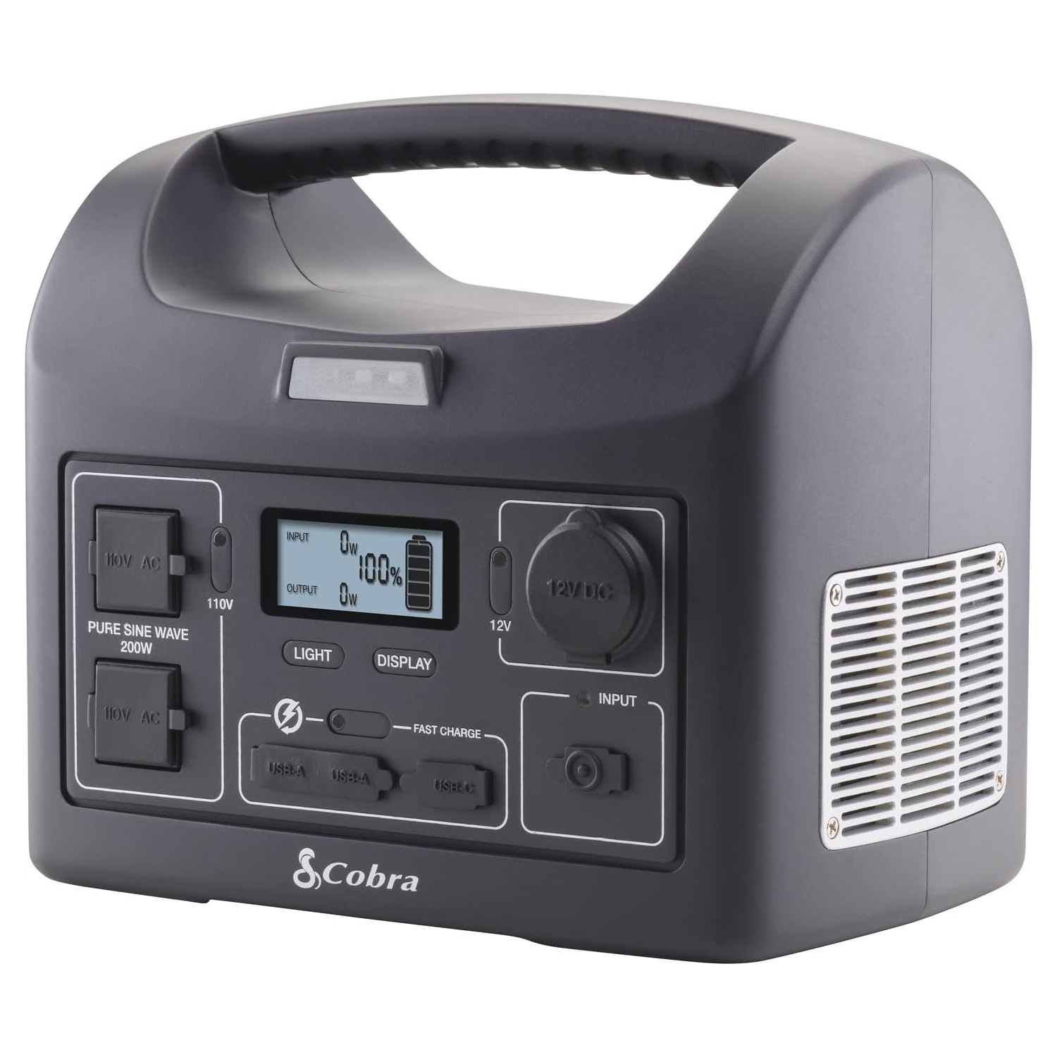 Cobra 200W Power Station - Portable Power, Fast Charge USB, LED Flashlight, AC Outlets, 200W Pure Sine Wave, 12V Socket, AC and 12V Cables, Solar