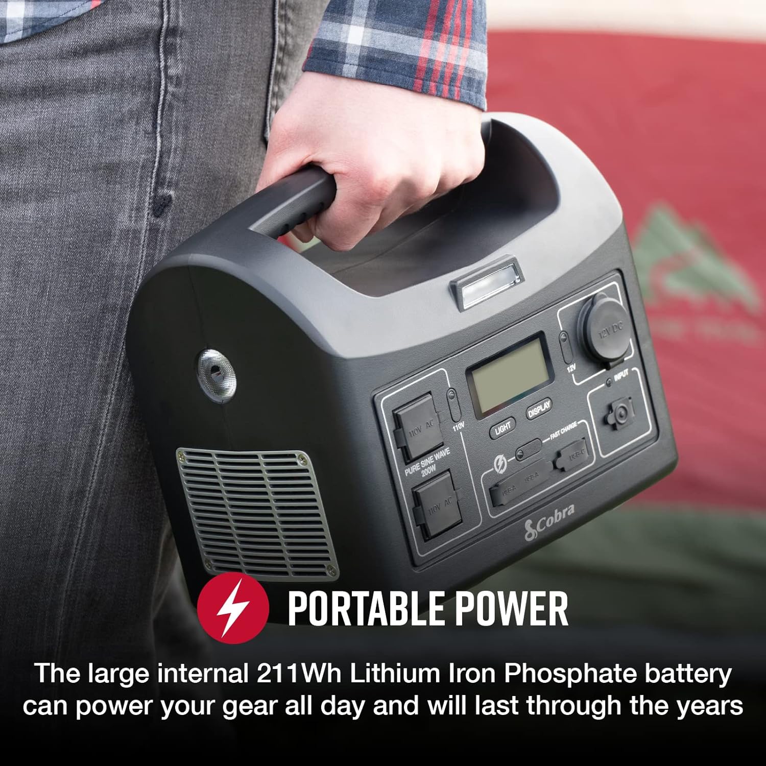 Cobra 200W Power Station - Portable Power, Fast Charge USB, LED Flashlight, AC Outlets, 200W Pure Sine Wave, 12V Socket, AC and 12V Cables, Solar