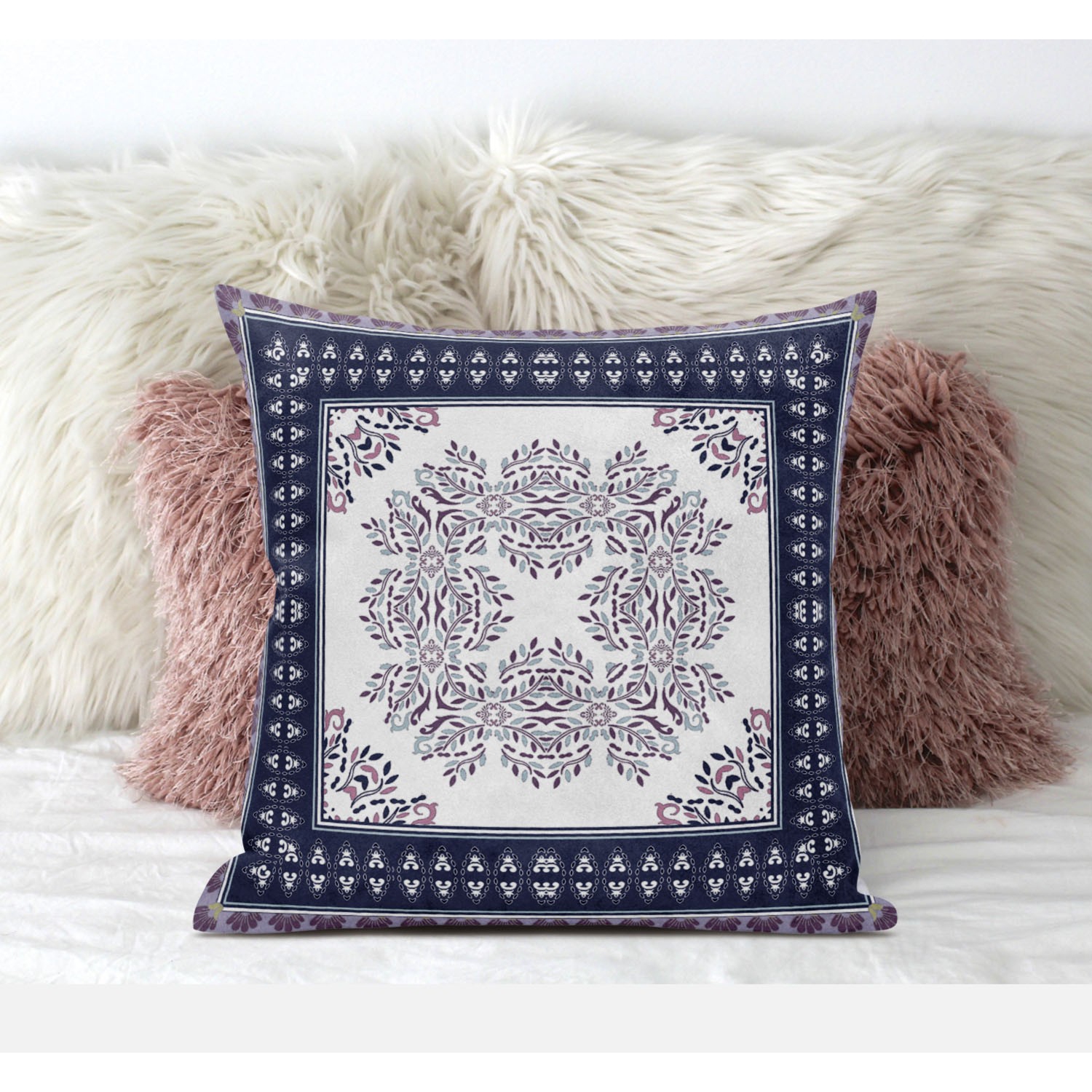 Coussin décoratif d'extérieur à fermeture à glissière géométrique de 16 x 16 po, crème et bleu