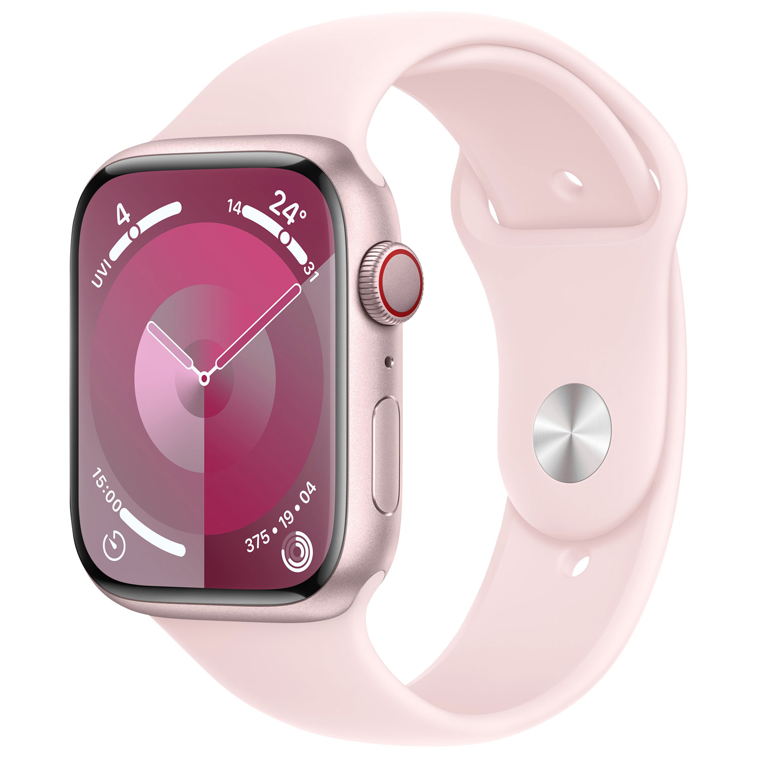 Apple Watch Series 9 avec boîtier de 45 mm en aluminium rose et bracelet sport rose dragée par TELUS - Moyen/Grand - Financement mensuel