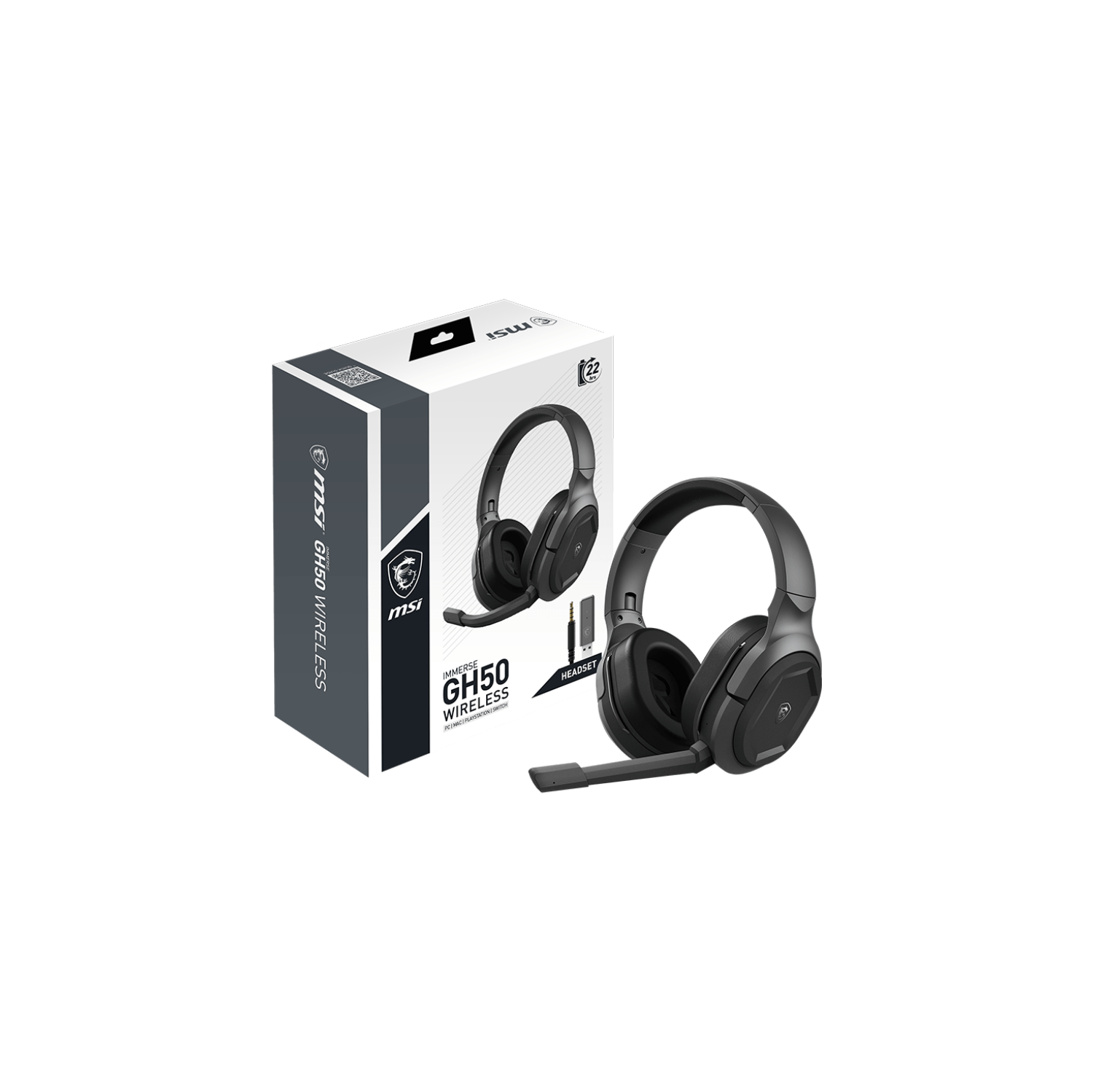 MSI Immerse GH50 WIRELESS Gaming Headset, 3.5mm cable, USB-C to A charging cable, Detachable Microphone, Carring Pouch