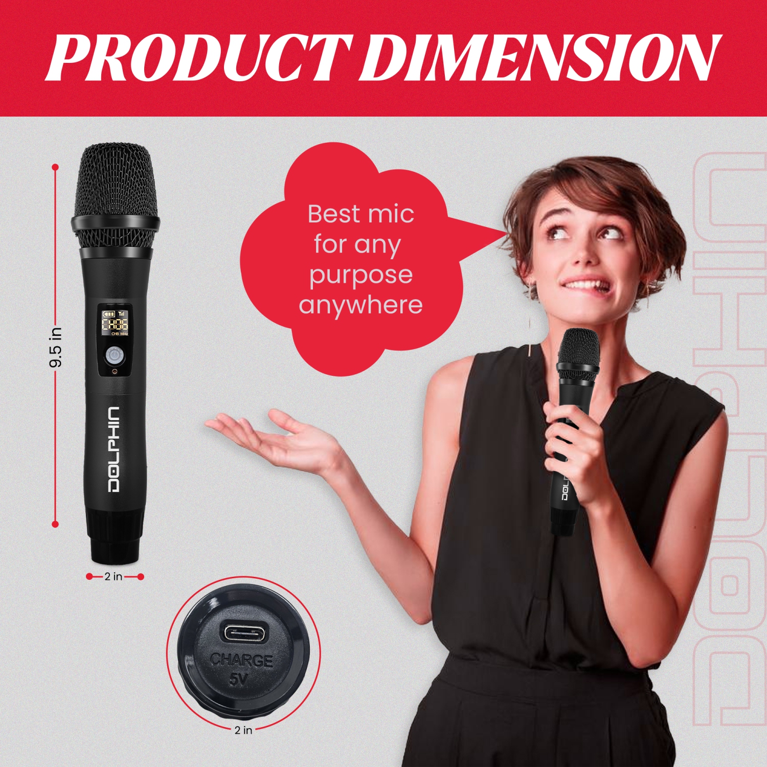 Dolphin MCX11 UHF Wireless Microphone - USB-C Rechargeable, 50 Channels, Anti-Interference Technology