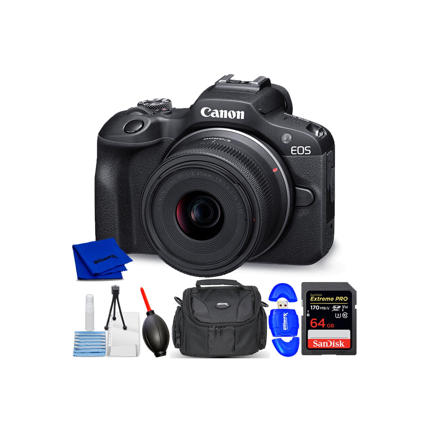 Canon EOS R100 Mirrorless Camera with 18-45mm Lens 6052C012 - 7PC Accessory Kit