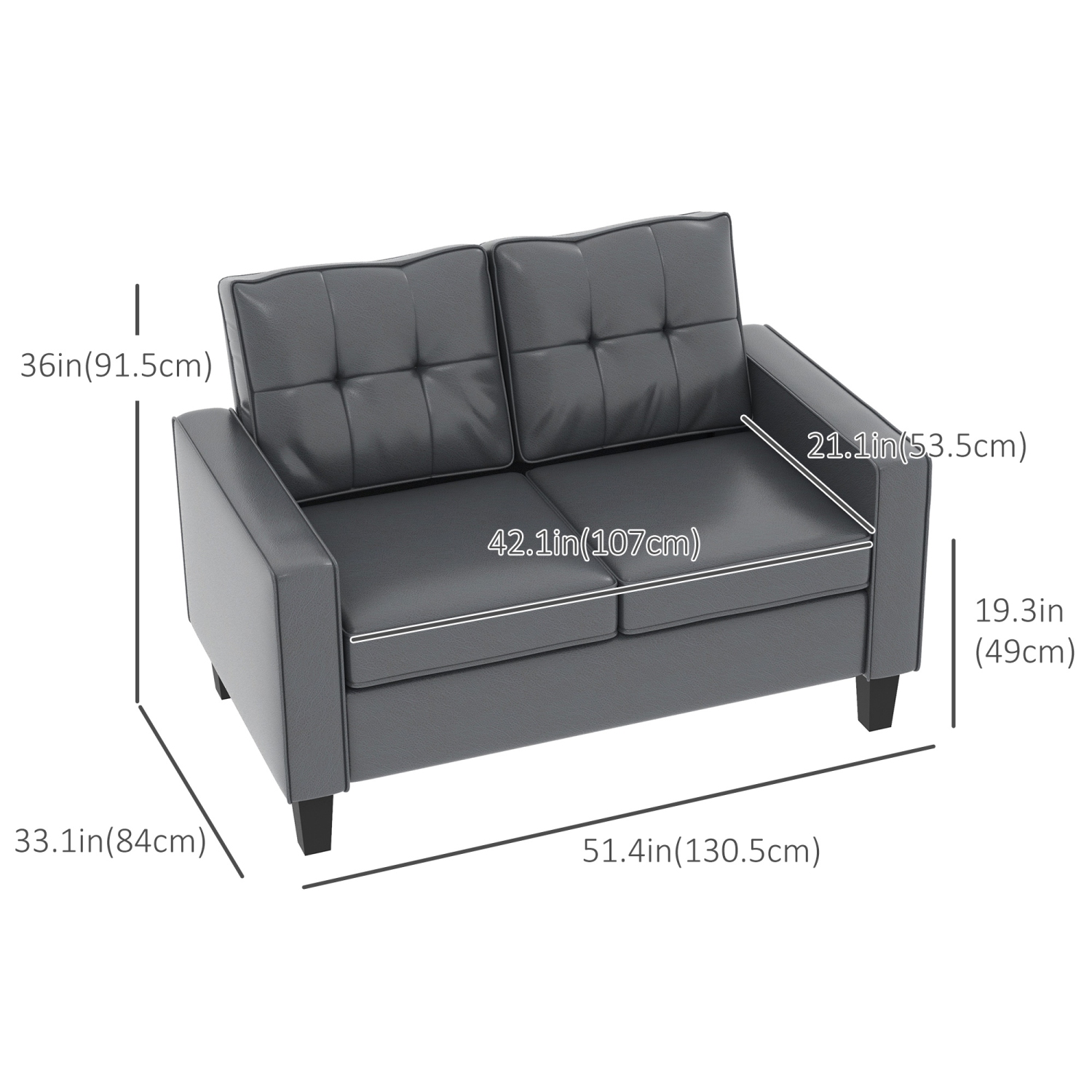 HOMCOM 51" PU Leather Loveseat, Upholstered Double Sofa Couch with Armrests, Tufted Backrest, Pocket Spring and Sponge Padded Cushion for Living