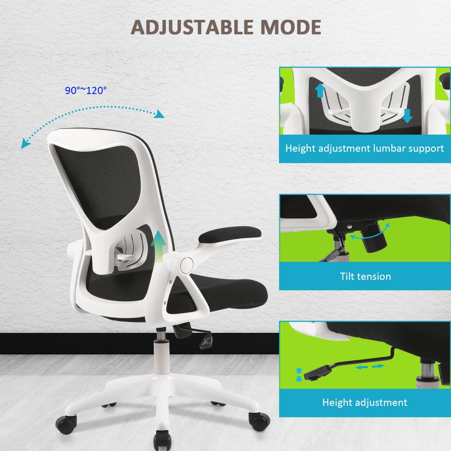 Ergonomic Office Chair with Flip-up Arms, Desk Chair Task Chair with Adjustable Height Lumbar Support and 250LB Load Capacity