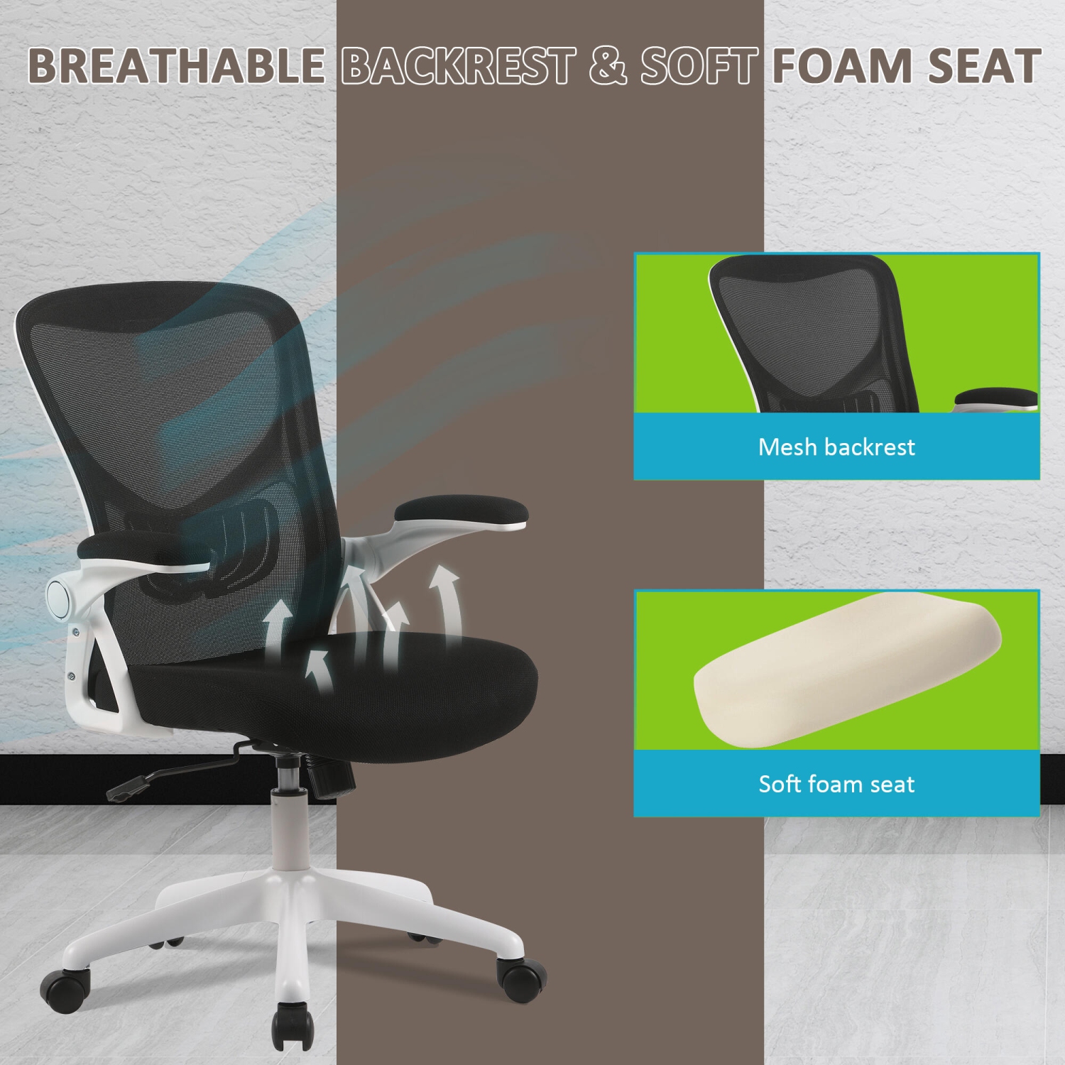 Ergonomic Office Chair with Flip-up Arms, Desk Chair Task Chair with Adjustable Height Lumbar Support and 250LB Load Capacity