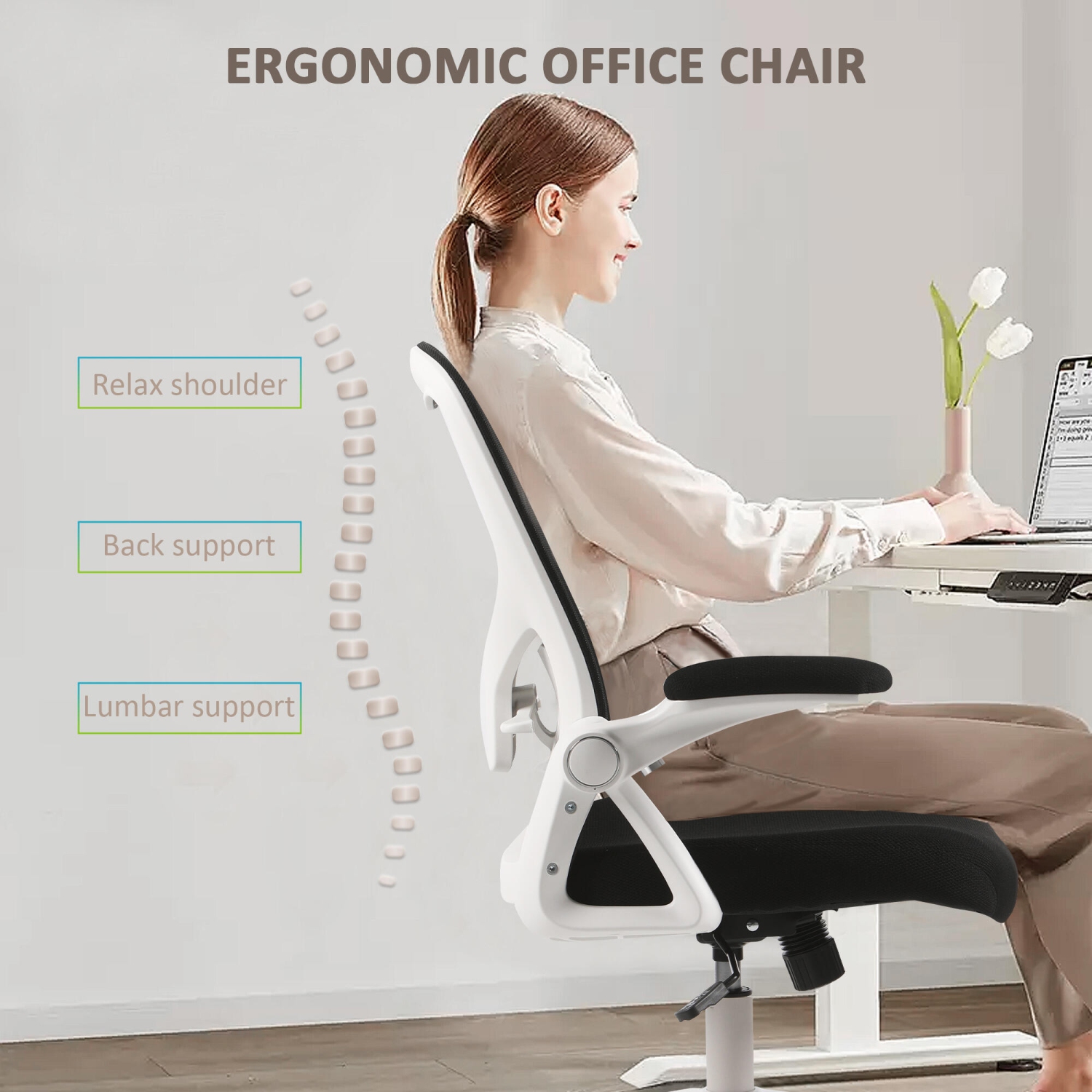 Ergonomic Office Chair with Flip-up Arms, Desk Chair Task Chair with Adjustable Height Lumbar Support and 250LB Load Capacity