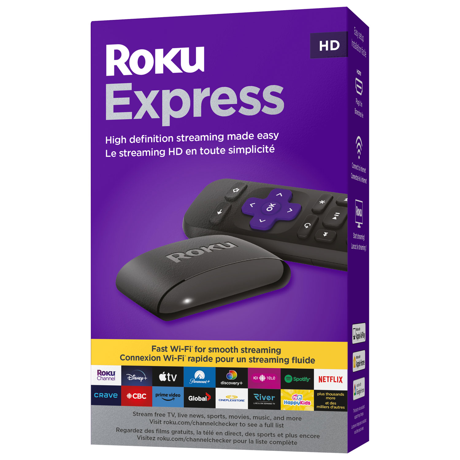 Lecteur de diffusion continue Express HD de Roku avec câble HDMI haute vitesse et télécommande simple (aucune commande de téléviseur)
