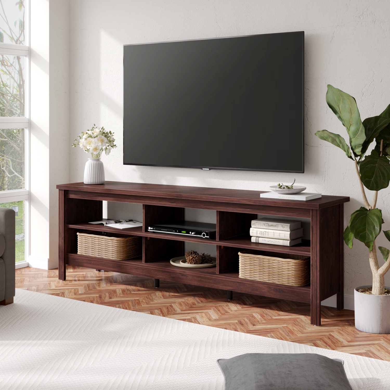WAMPAT TV Stand for 75 65 inch TV Entertainment Center,Brown TV Console with 6 Storages for Bedroom,70 inch Wood Media Table for Living Room