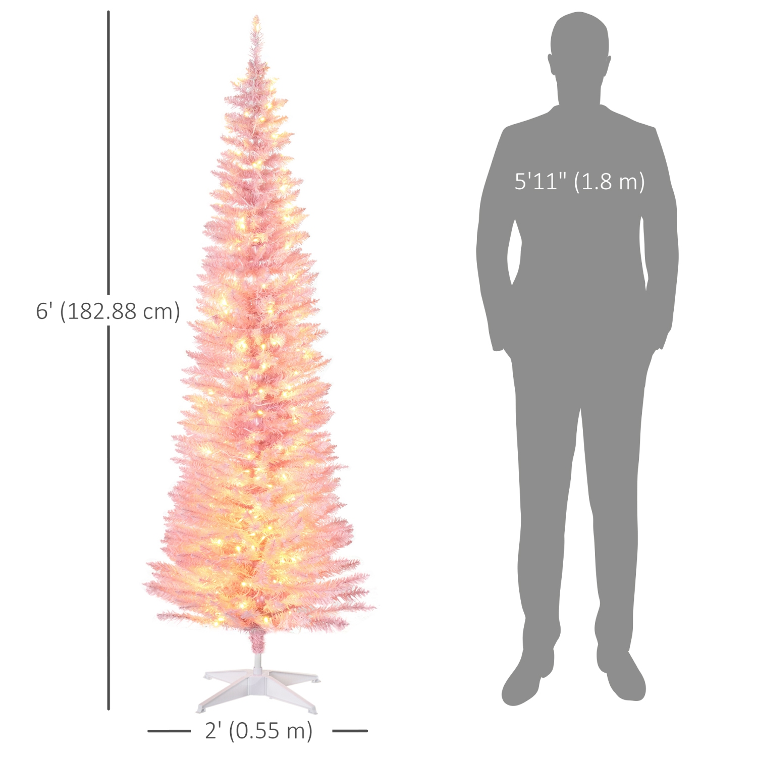 HOMCOM 6 ft Pre-Lit Noble Fir Slim Artificial Christmas Tree with 390 Tips and 200 Warm White LED Lights, Pink