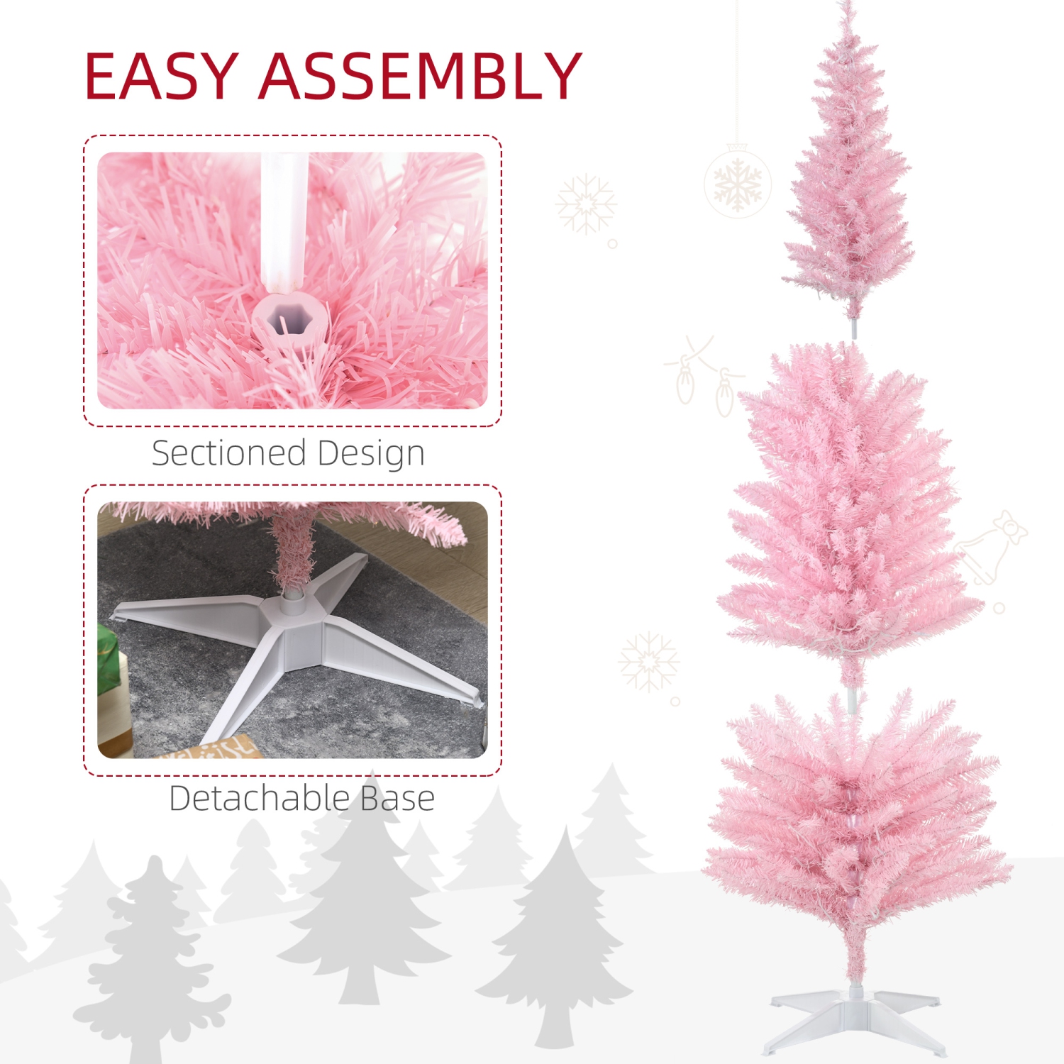 HOMCOM 6 ft Pre-Lit Noble Fir Slim Artificial Christmas Tree with 390 Tips and 200 Warm White LED Lights, Pink