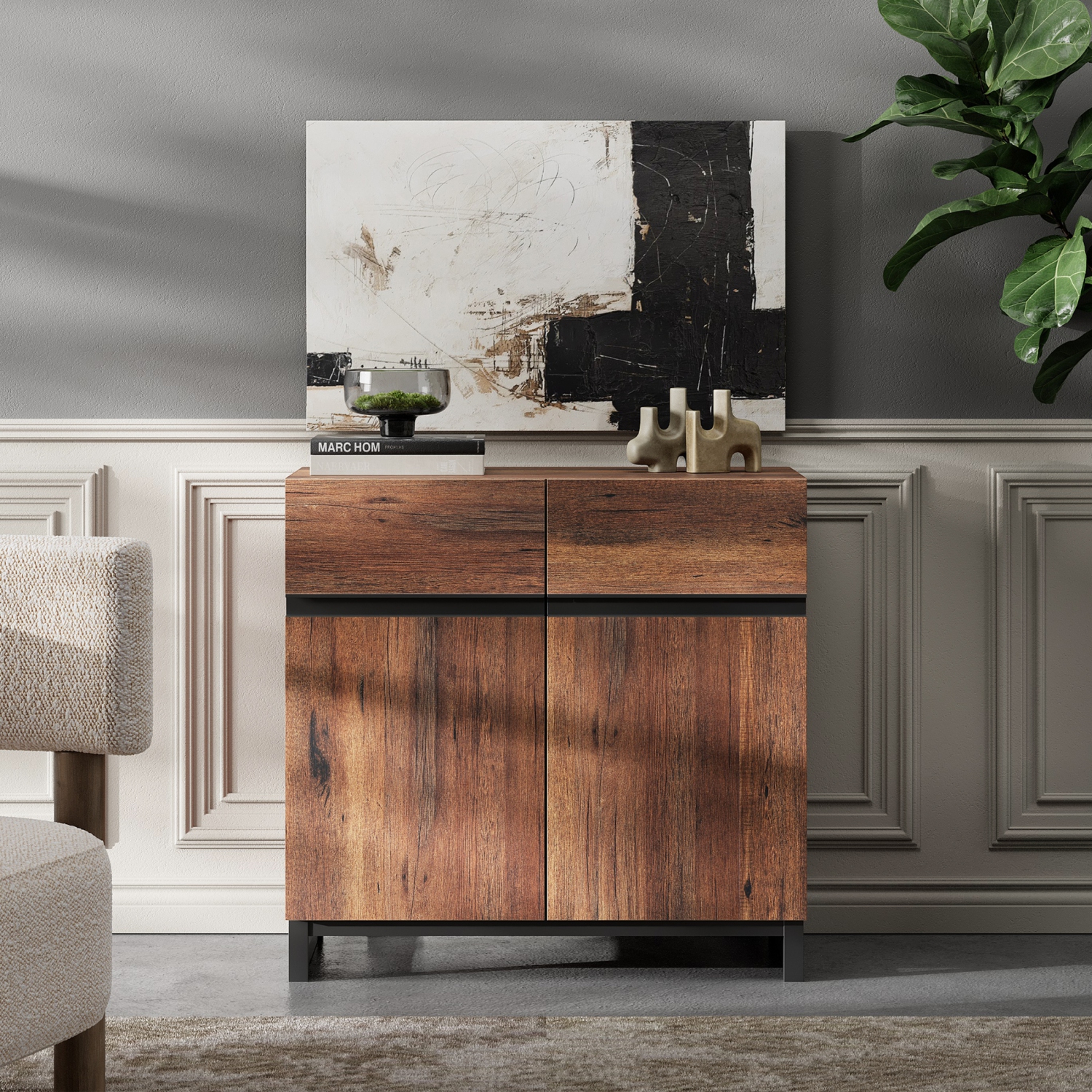 Armoire de rangement WAMPAT, buffet moderne avec tablette réglable et base en métal, armoire de bar pour salon, salle à manger, brun