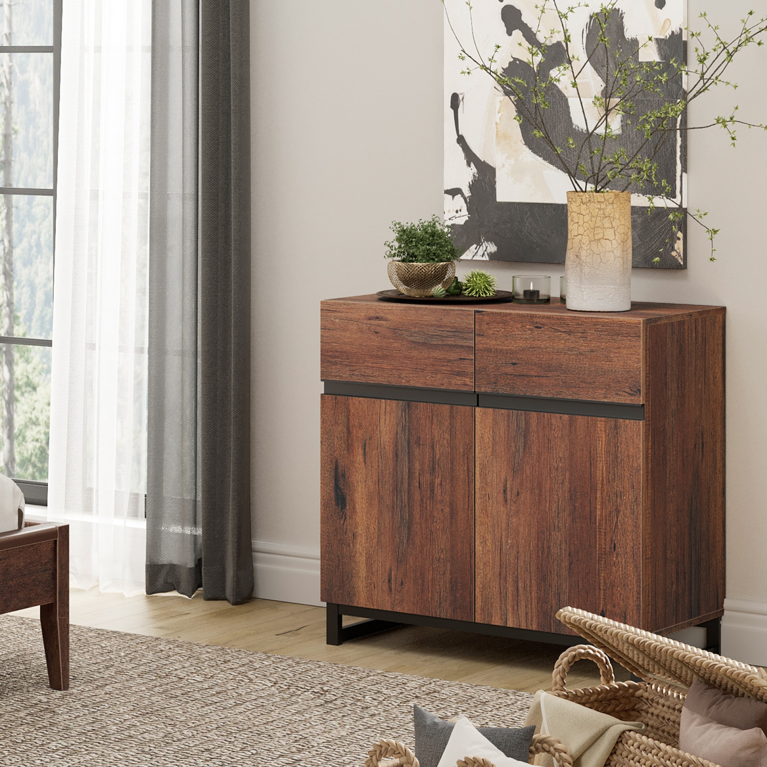 Armoire de rangement WAMPAT, buffet moderne avec tablette réglable et base en métal, armoire de bar pour salon, salle à manger, brun