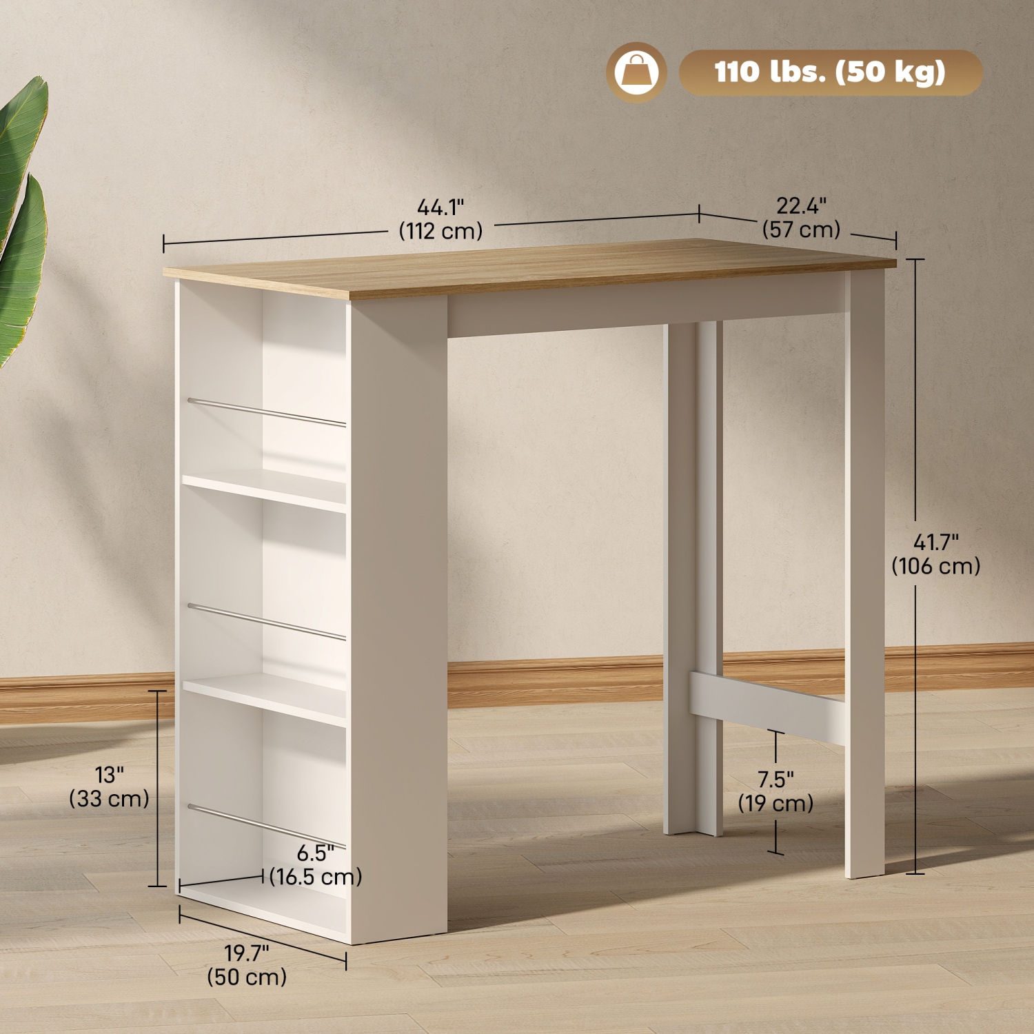HOMCOM Modern Bar Table, Bar Height Dining Table with 3 Storage Shelves for Kitchen, Dining Room, Living Room, White