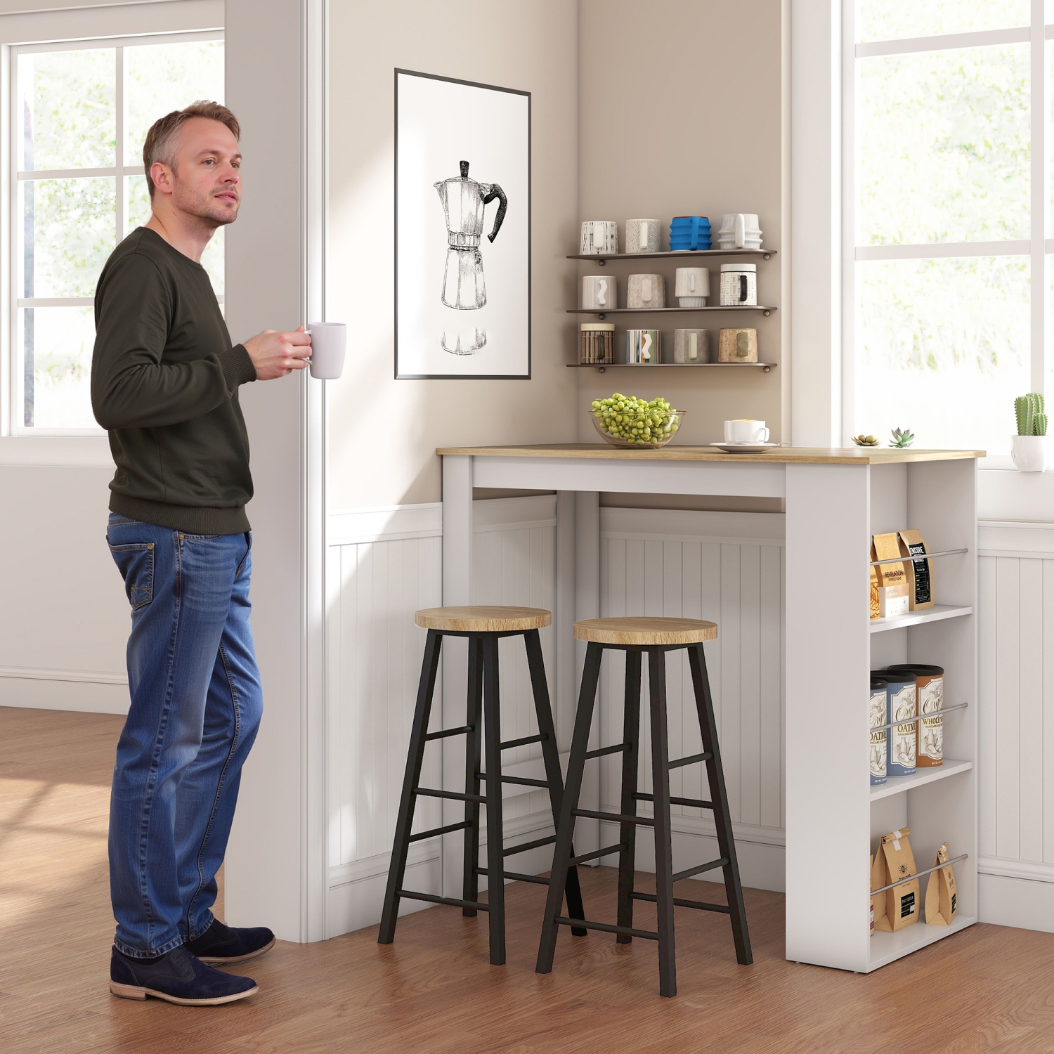 HOMCOM Modern Bar Table, Bar Height Dining Table with 3 Storage Shelves for Kitchen, Dining Room, Living Room, White