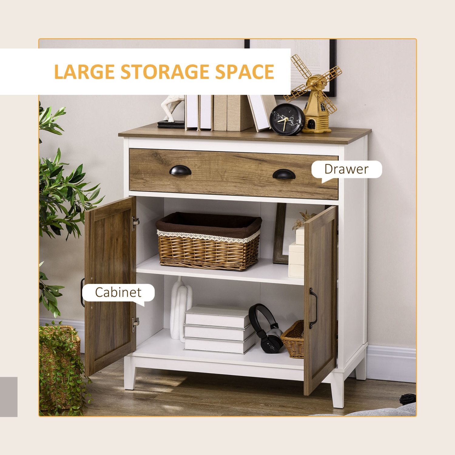 HOMCOM Farmhouse Storage Cabinet, Sideboard Kitchen Cabinet with Drawer, Double Doors and Shelves, Distressed Wood Grain