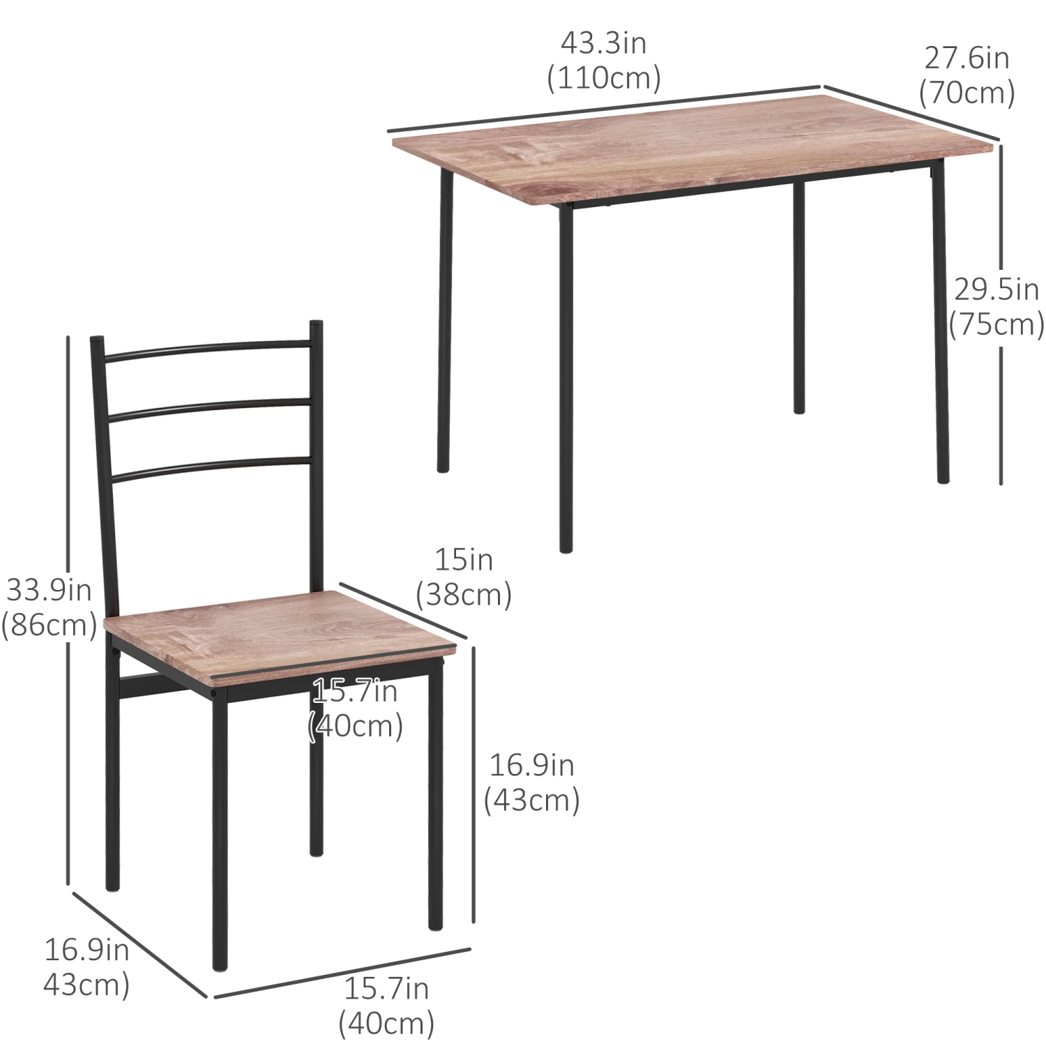 HOMCOM – Ensemble de 5 tables à manger pour 4, table de cuisine compacte et 4 chaises, rectangle, cadre en acier pour salle à manger, chêne
