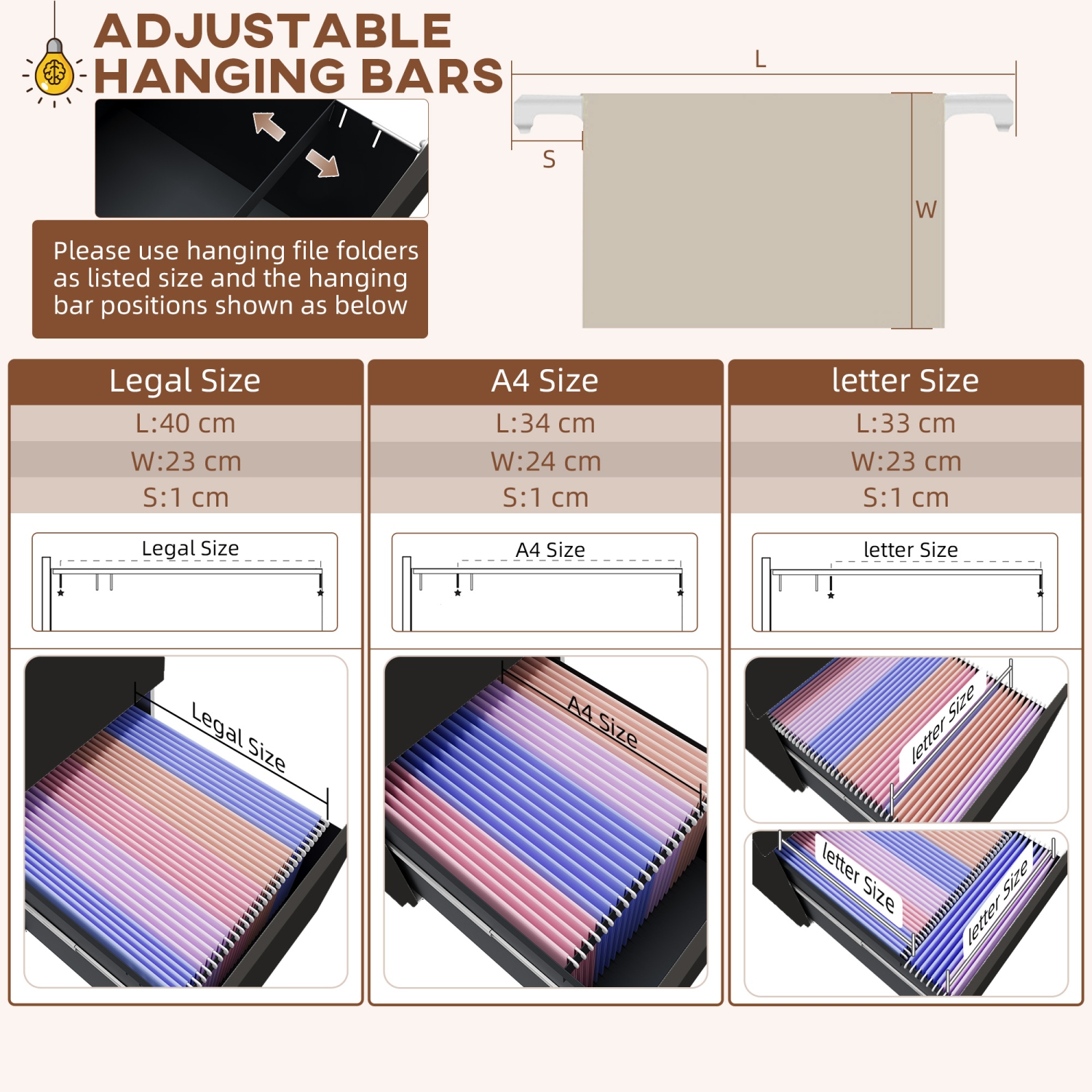 Vinsetto – Classeur vertical en acier sur roulettes, classeur verrouillable à 3 tiroirs avec barre de suspension réglable pour A4, format légal et