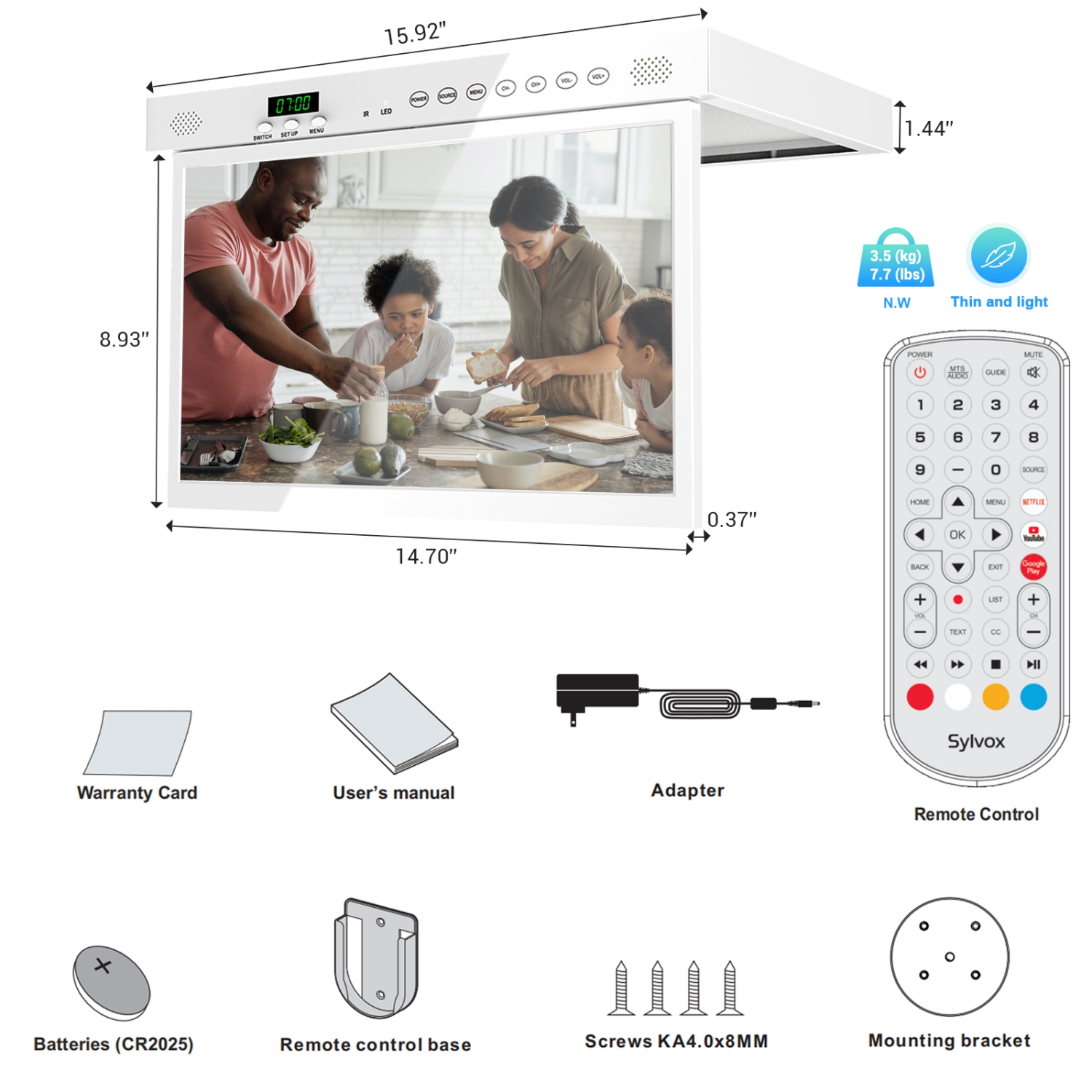 SYLVOX Kitchen TV, 15,6&nbsp;po TV sous armoire, 1080P Televison pour cuisine, téléviseur intelligent intégré Google Play, prise en charge Wi-Fi