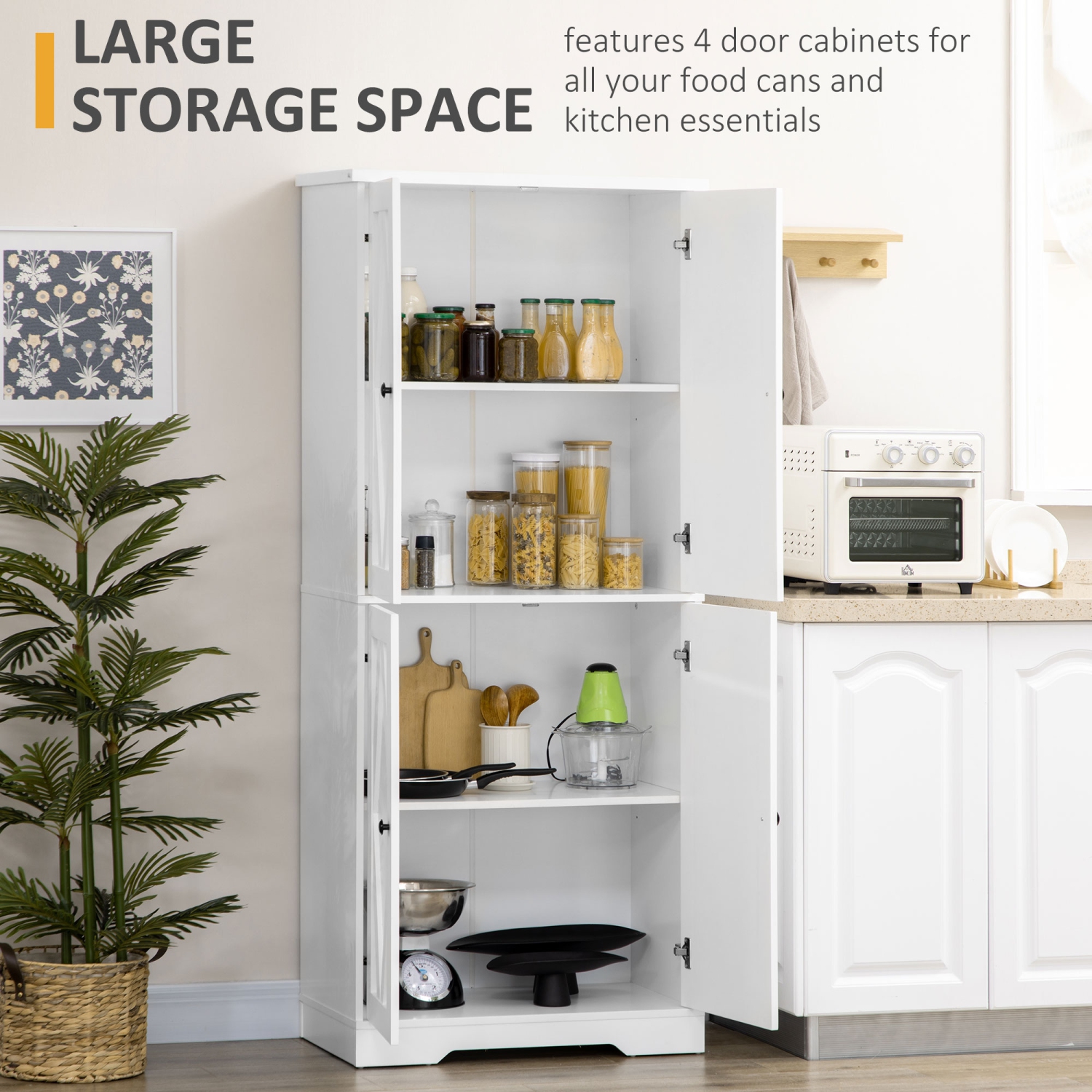 HOMCOM 71" Kitchen Pantry Cabinet, Farmhouse Tall Buffet Storage Cabinet with 4 Barn Doors and Adjustable Shelves, White