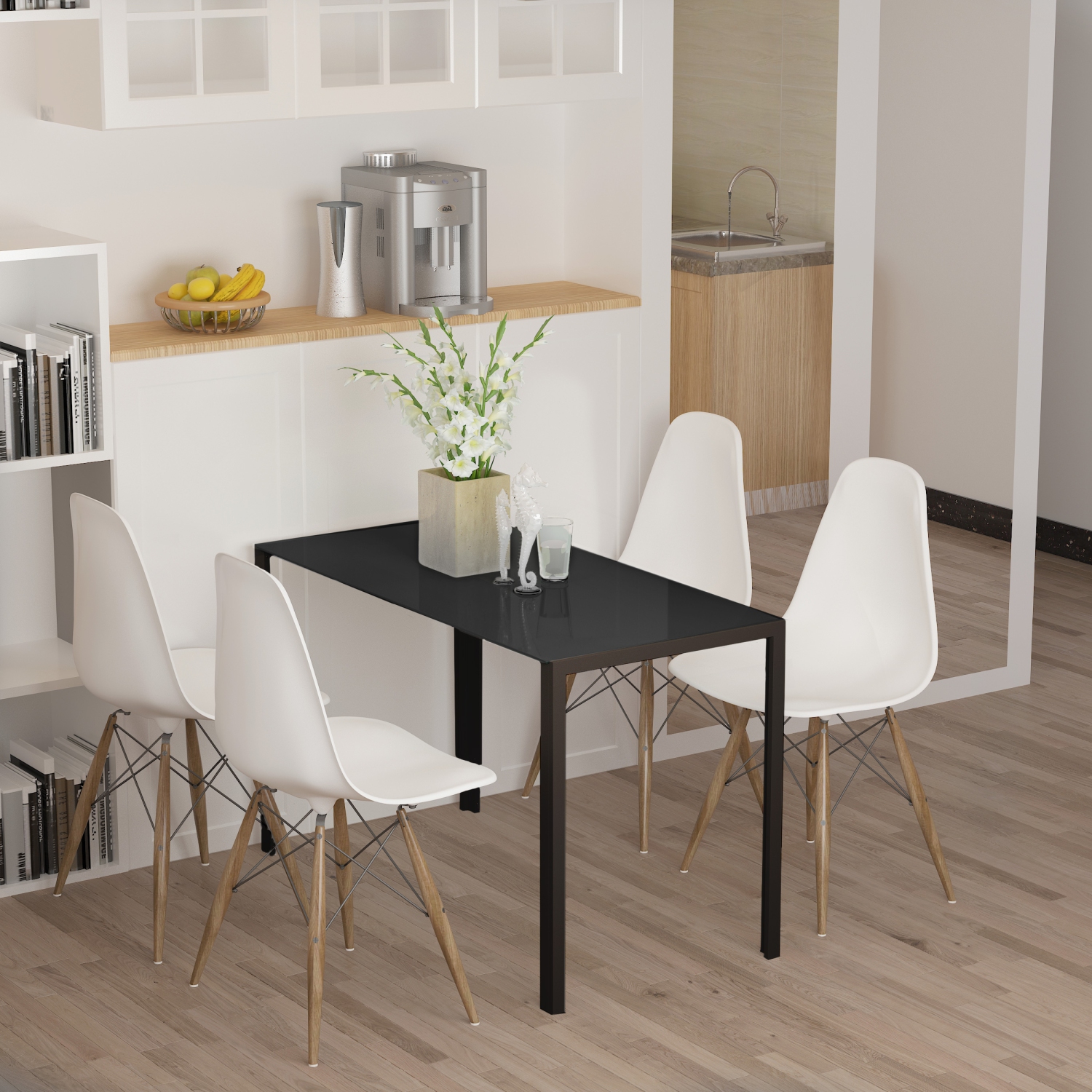 HOMCOM – Table de salle à manger rectangulaire pour 4&nbsp;personnes, table de cuisine moderne avec surface en verre trempé et pattes en métal pour